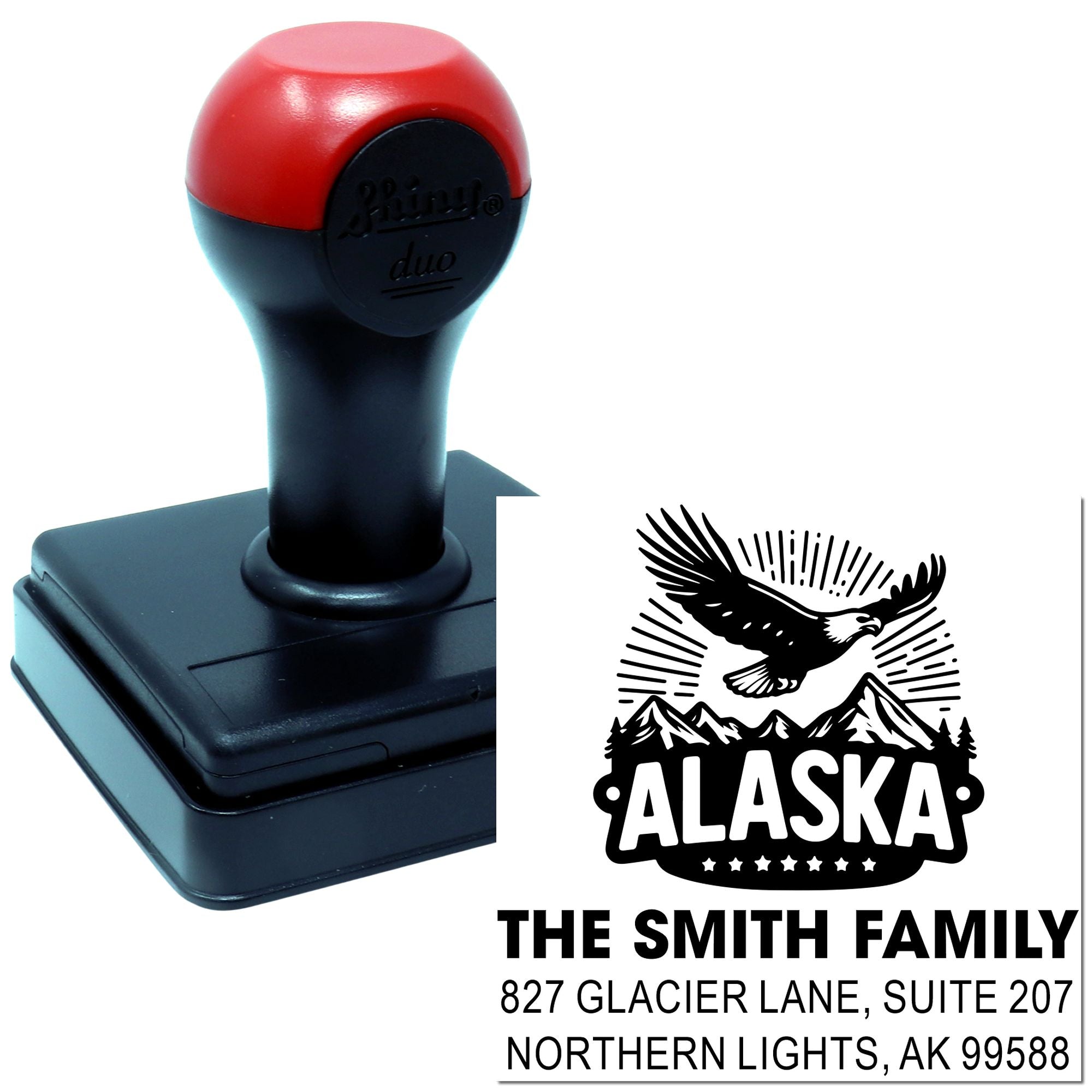 Custom Alaska self-inking rubber address stamp with eagle return address for The Smith Family