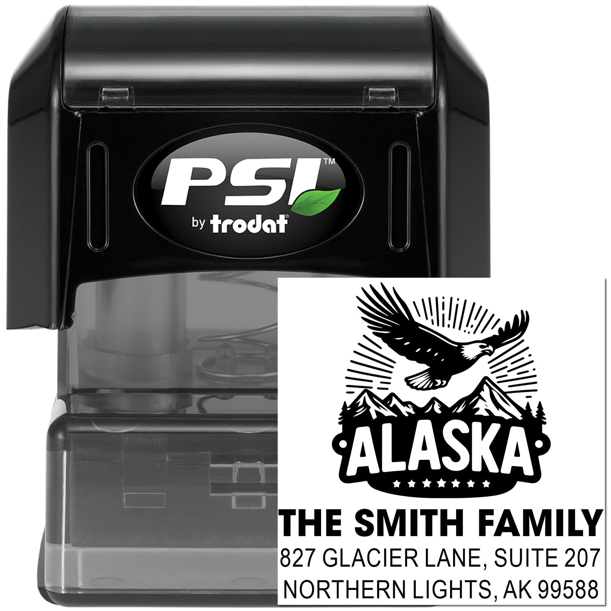 Custom Alaska return address rubber stamp, self-inking PSI by Trodat, with eagle and family name design.