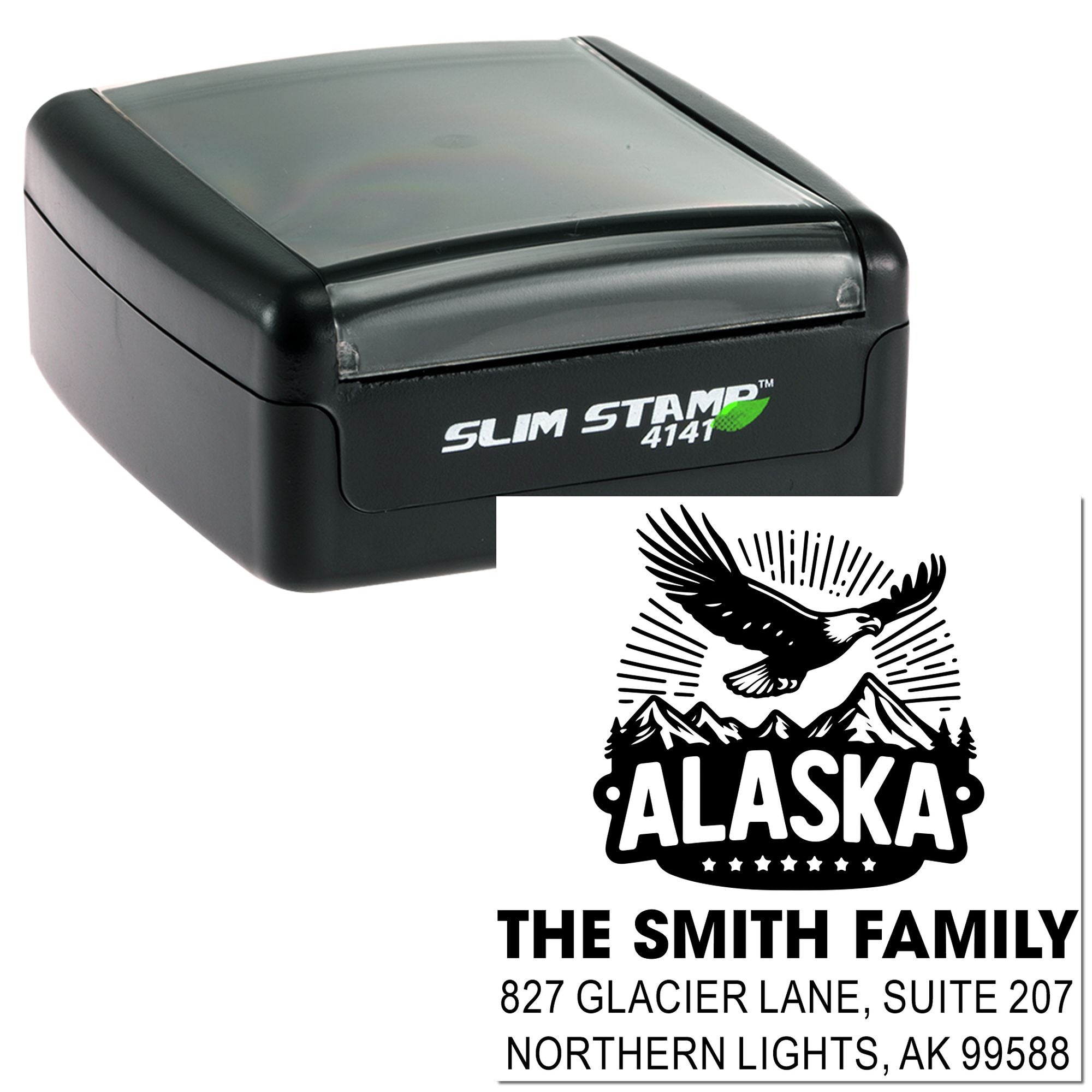 Alaskan Eagle Adventure Personalized Three-Line Custom Rubber Pre-Inked Stamp, 1-5/8" Square , Handcrafted for Cards, Crafts, and Small Business