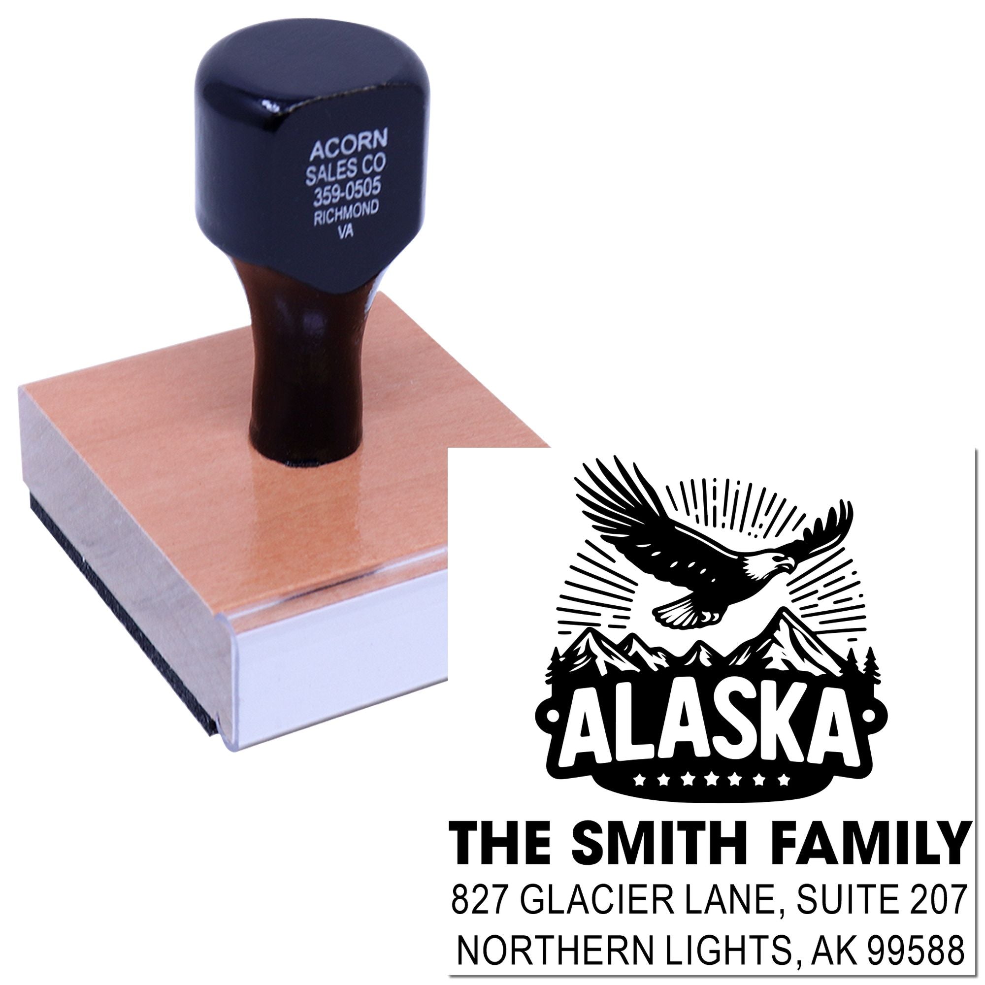 Personalized Alaska return address rubber stamp for The Smith Family with eagle graphic for mailing labels