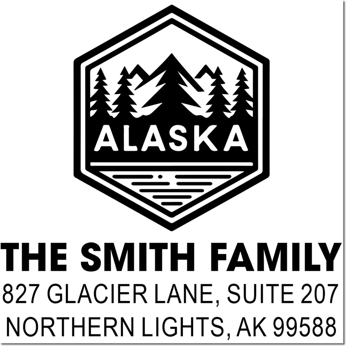Custom return address rubber stamp for The Smith Family, Alaska logo, 827 Glacier Lane, Suite 207, Northern Lights, AK 99588