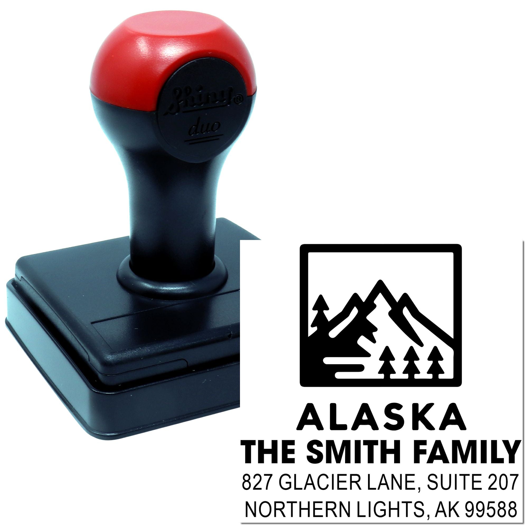 Personalized Alaska return address rubber stamp with mountains logo for The Smith Family, 827 Glacier Lane, Northern Lights, AK 99588
