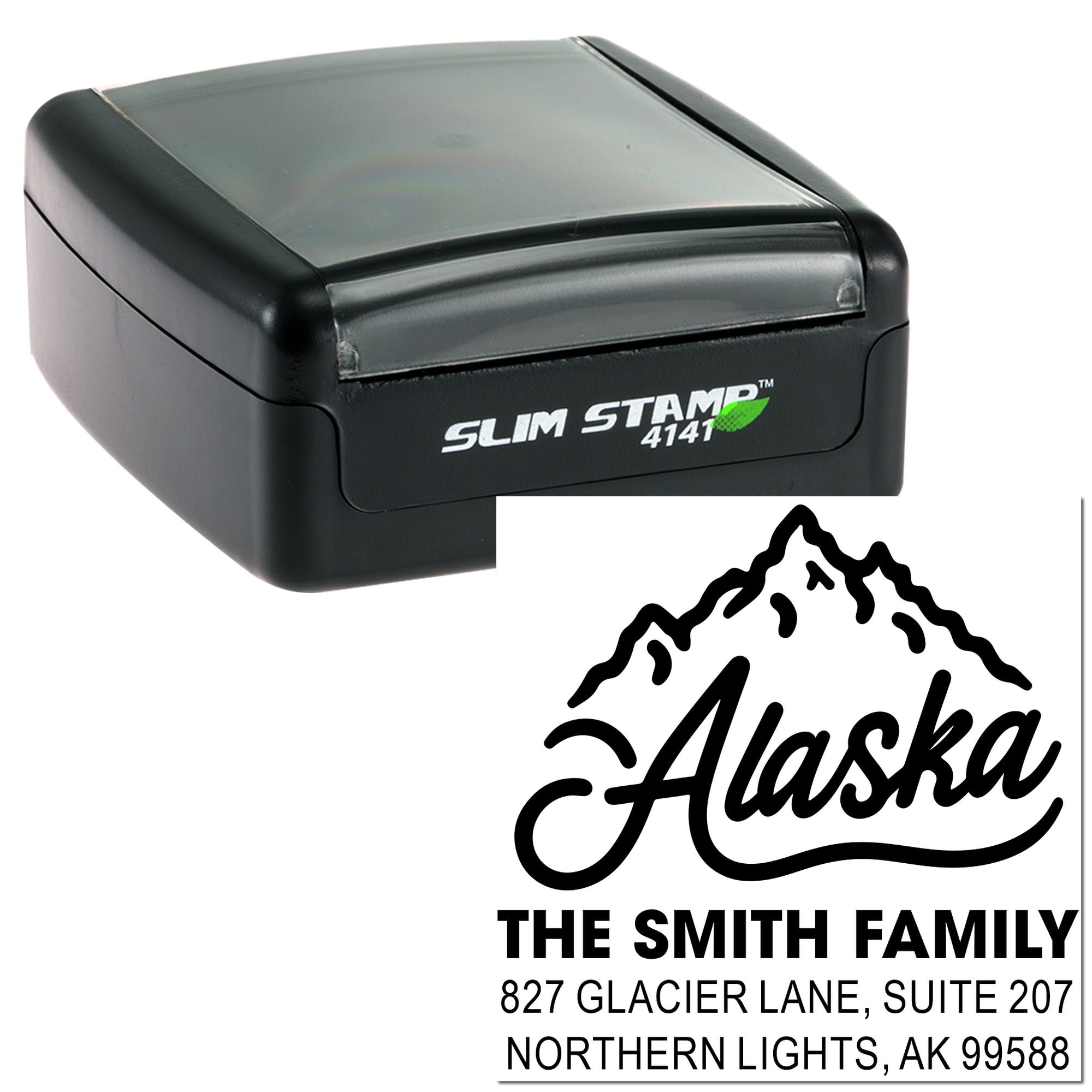 Alaska Mountain Script Personalized Square Rubber Pre-Inked Stamp