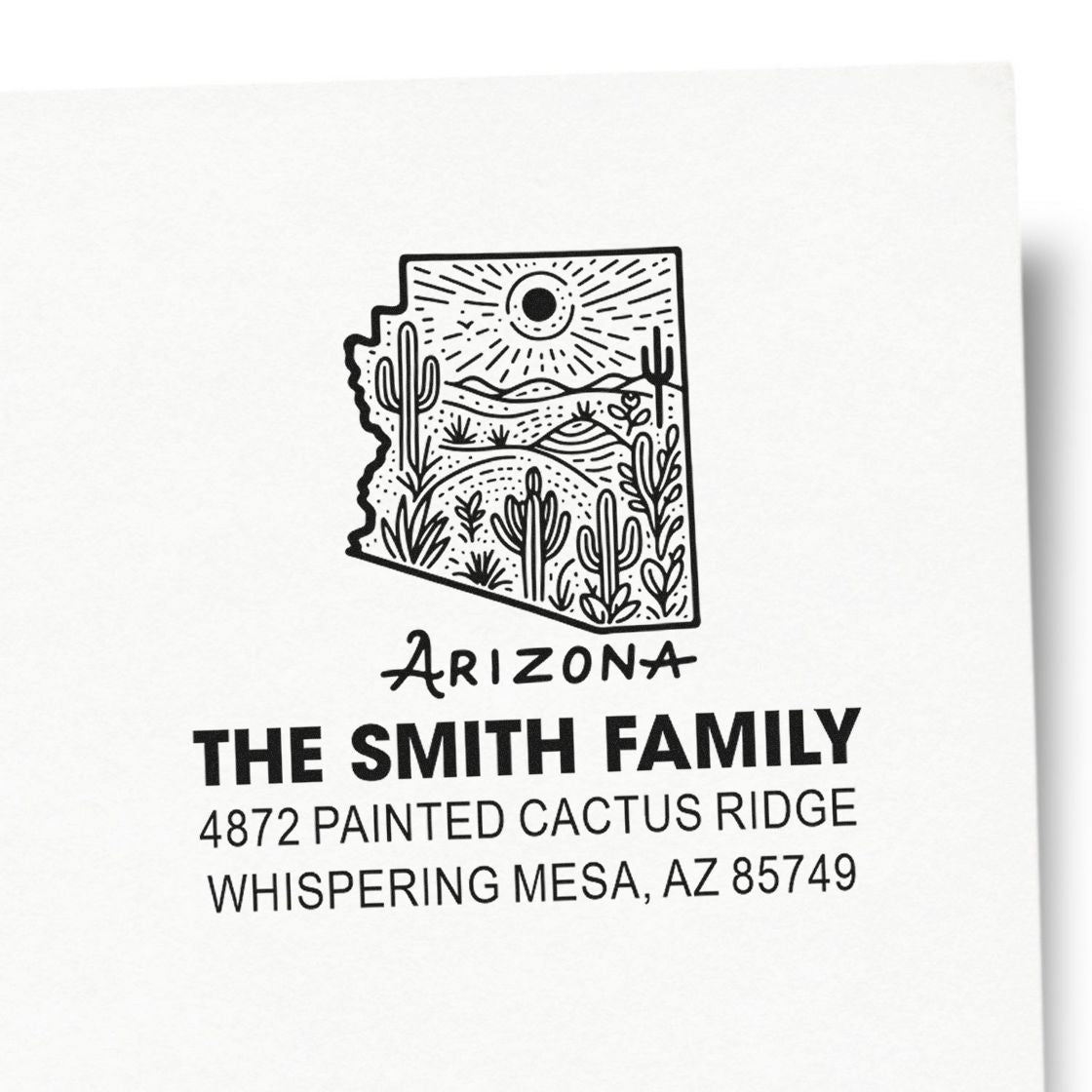 Custom Arizona return address rubber stamp with desert cactus design and Smith family address for Whispering Mesa, AZ.