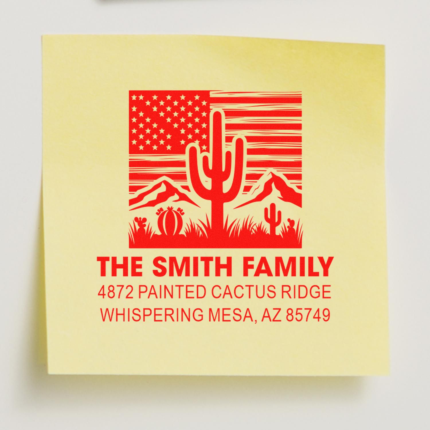 Custom return address rubber stamp with cactus and American flag design for The Smith Family in Whispering Mesa, AZ