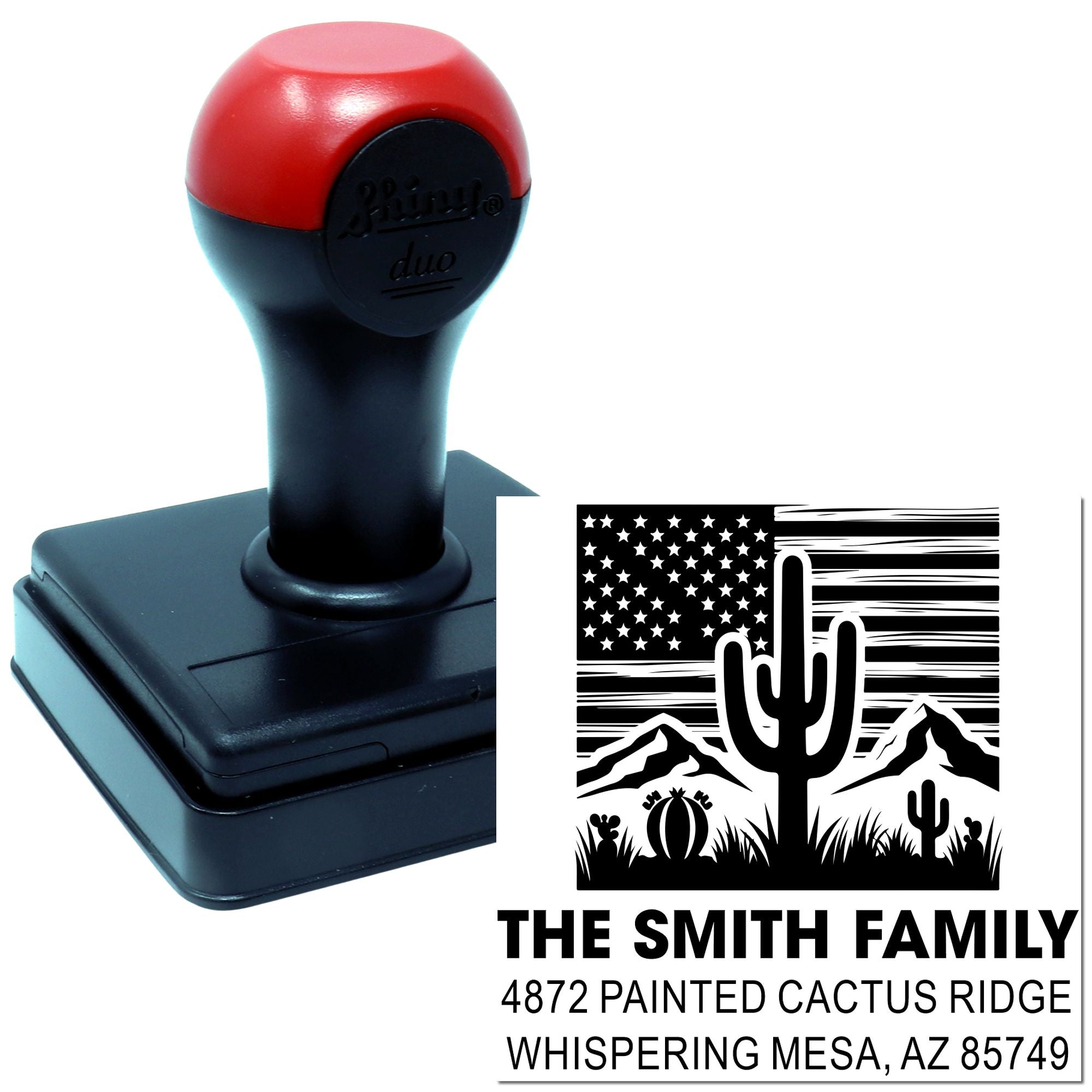 Custom self-inking rubber stamp with desert cactus return address design for The Smith Family, Whispering Mesa, AZ.