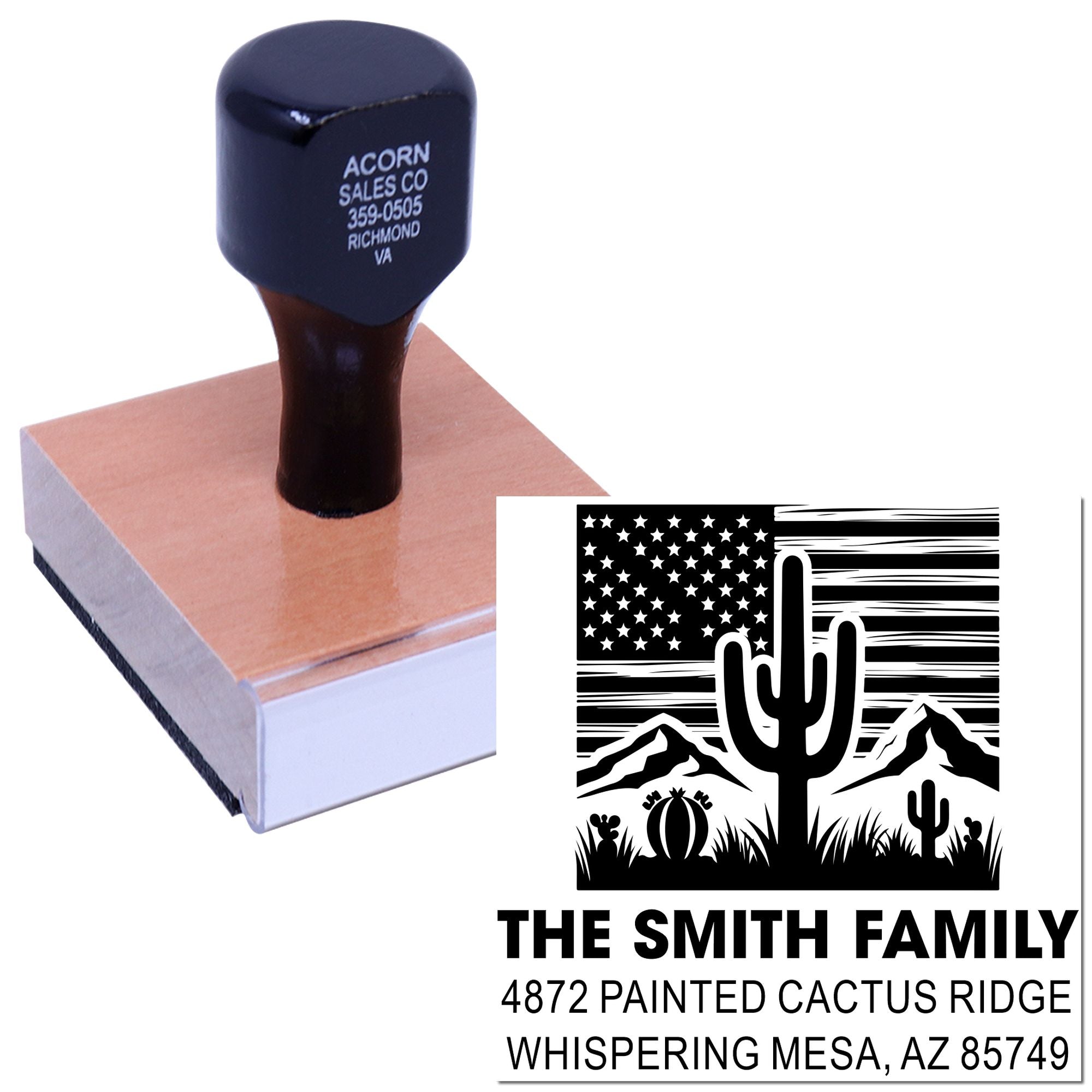 Custom family return address rubber stamp with Southwest cactus design and Arizona address.