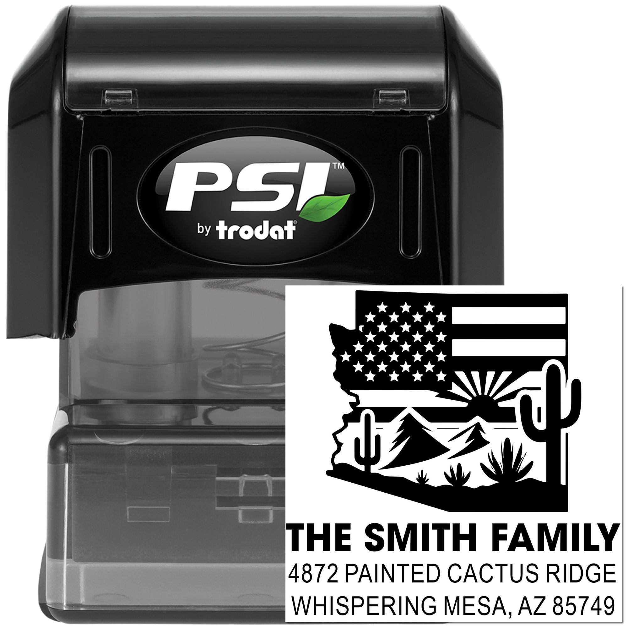 Custom self-inking rubber address stamp by PSI Trodat with Arizona desert family return address design for mailing