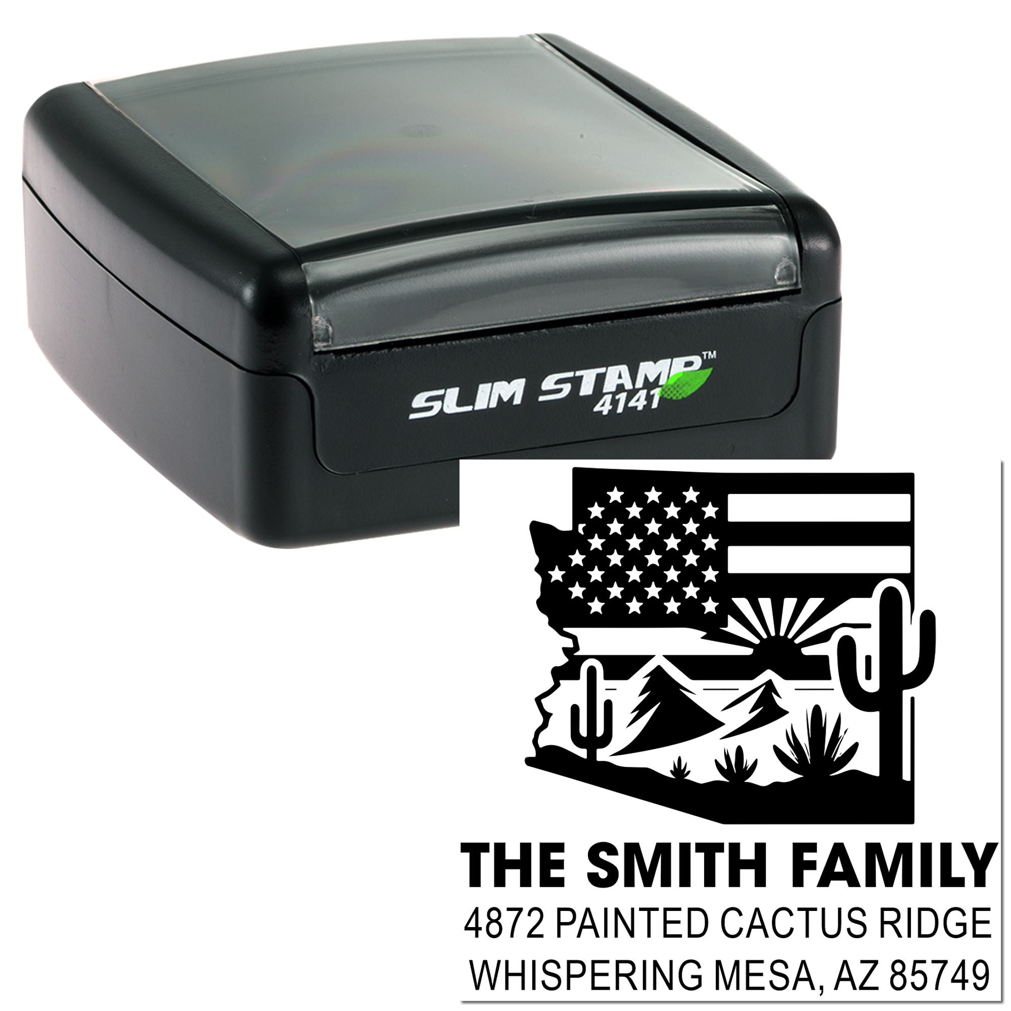 Custom self-inking rubber stamp with Smith family return address and Southwest cactus design, Slim Stamp 4141.