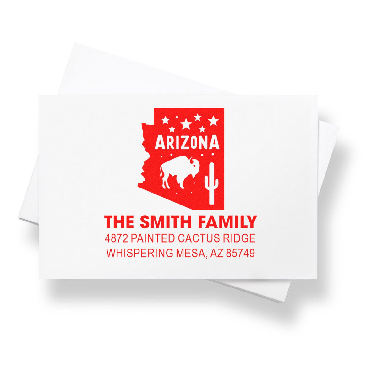 Custom Arizona return address rubber stamp with family name, cactus, buffalo and address design for personalized mail.