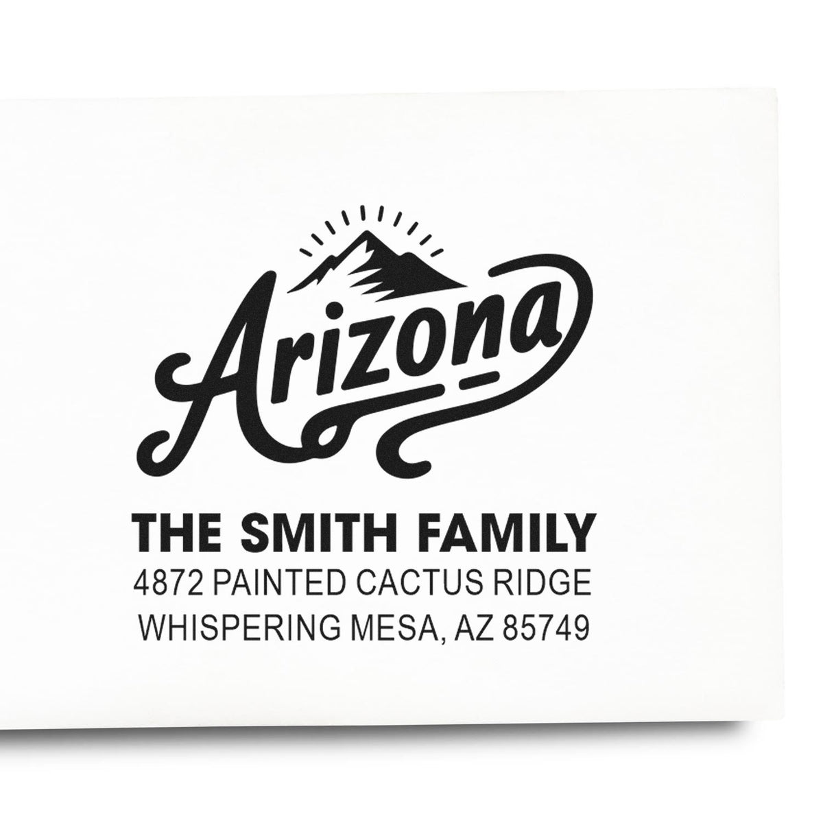 Custom Arizona return address rubber stamp for The Smith Family, 4872 Painted Cactus Ridge, Whispering Mesa, AZ 85749.
