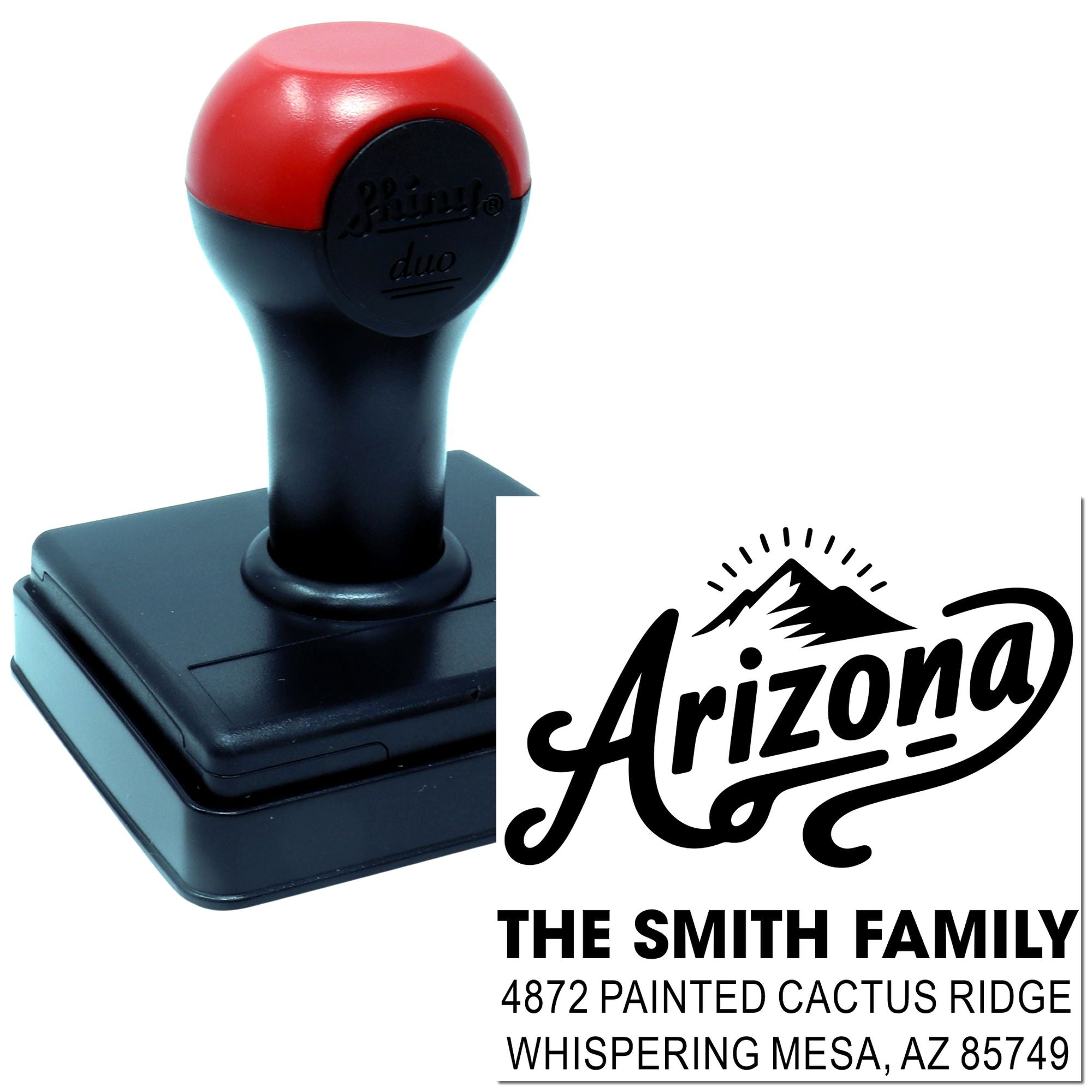 Custom self-inking address rubber stamp with Arizona family name, logo, and return address for mailing labels and envelopes.