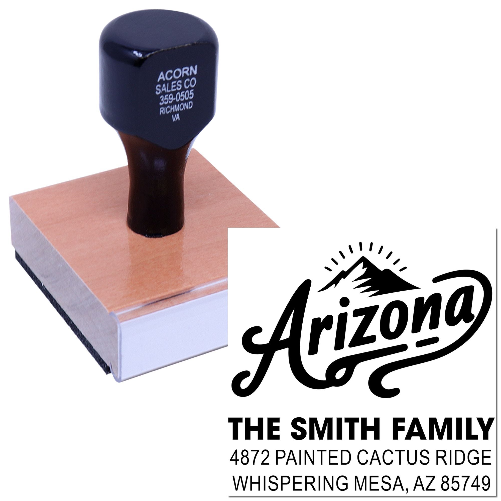 Custom return address rubber stamp with Arizona logo, featuring The Smith Family mailing address for mailing and branding.