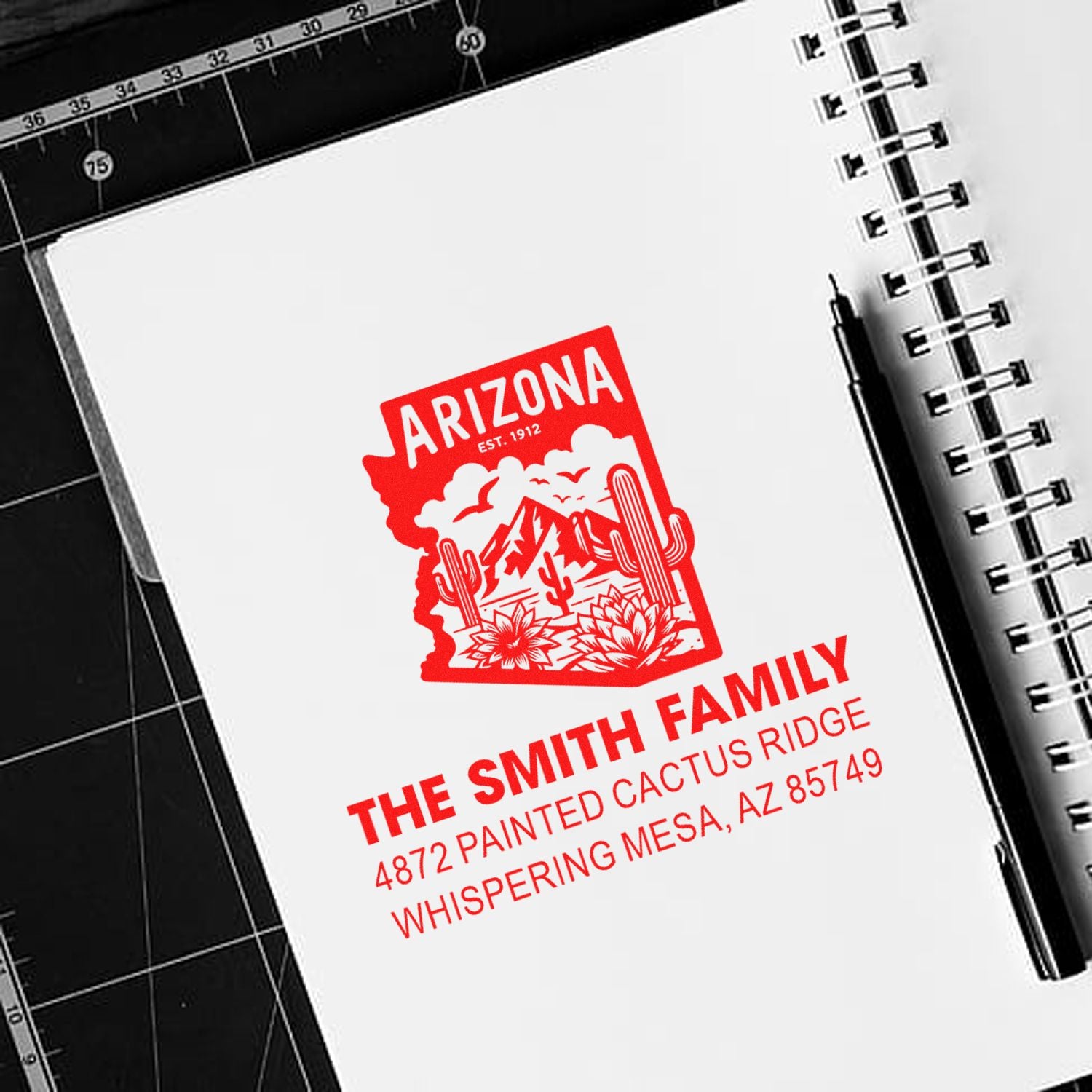 Custom Arizona return address rubber stamp for The Smith Family, with cactus design and Whispering Mesa, AZ 85749.
