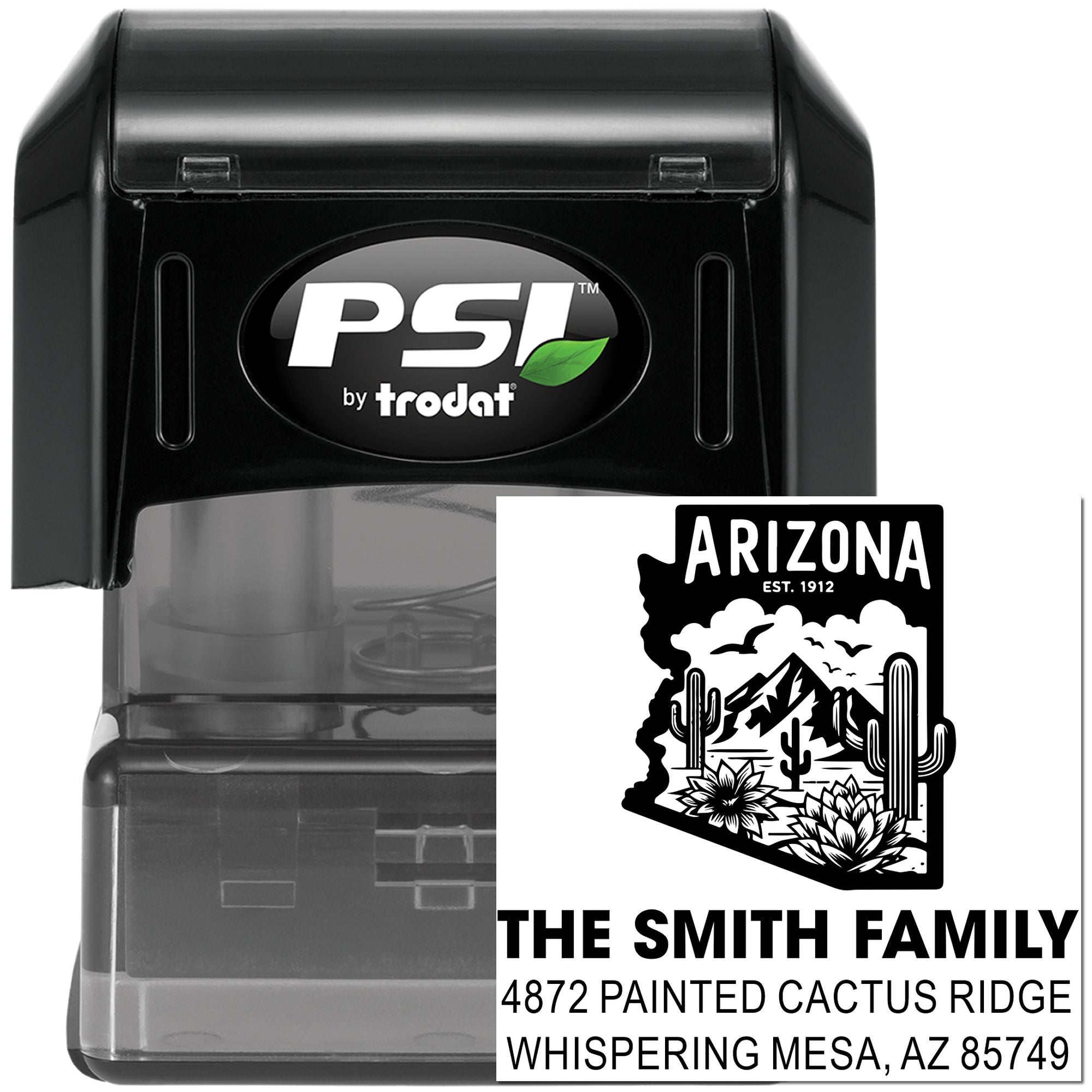 PSI by Trodat custom self-inking address stamp with Arizona family return address design for personalized mailing.