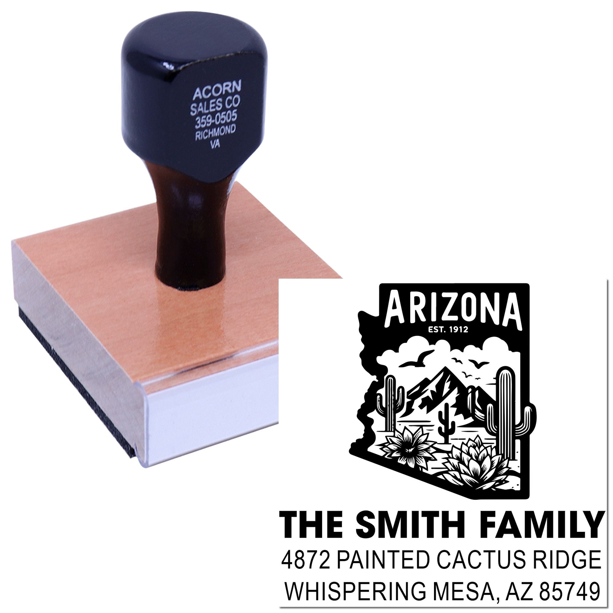 Custom Arizona address rubber stamp with family name and return address, shown on a stamp block with sample imprint.