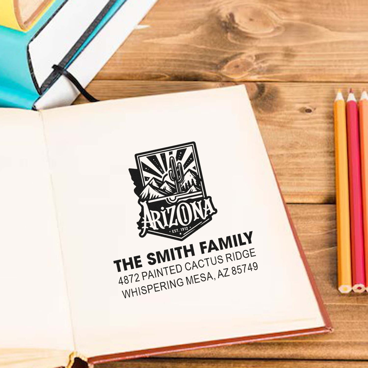 Custom family address rubber stamp with Arizona design, ideal for personalized stationery and mailing labels.