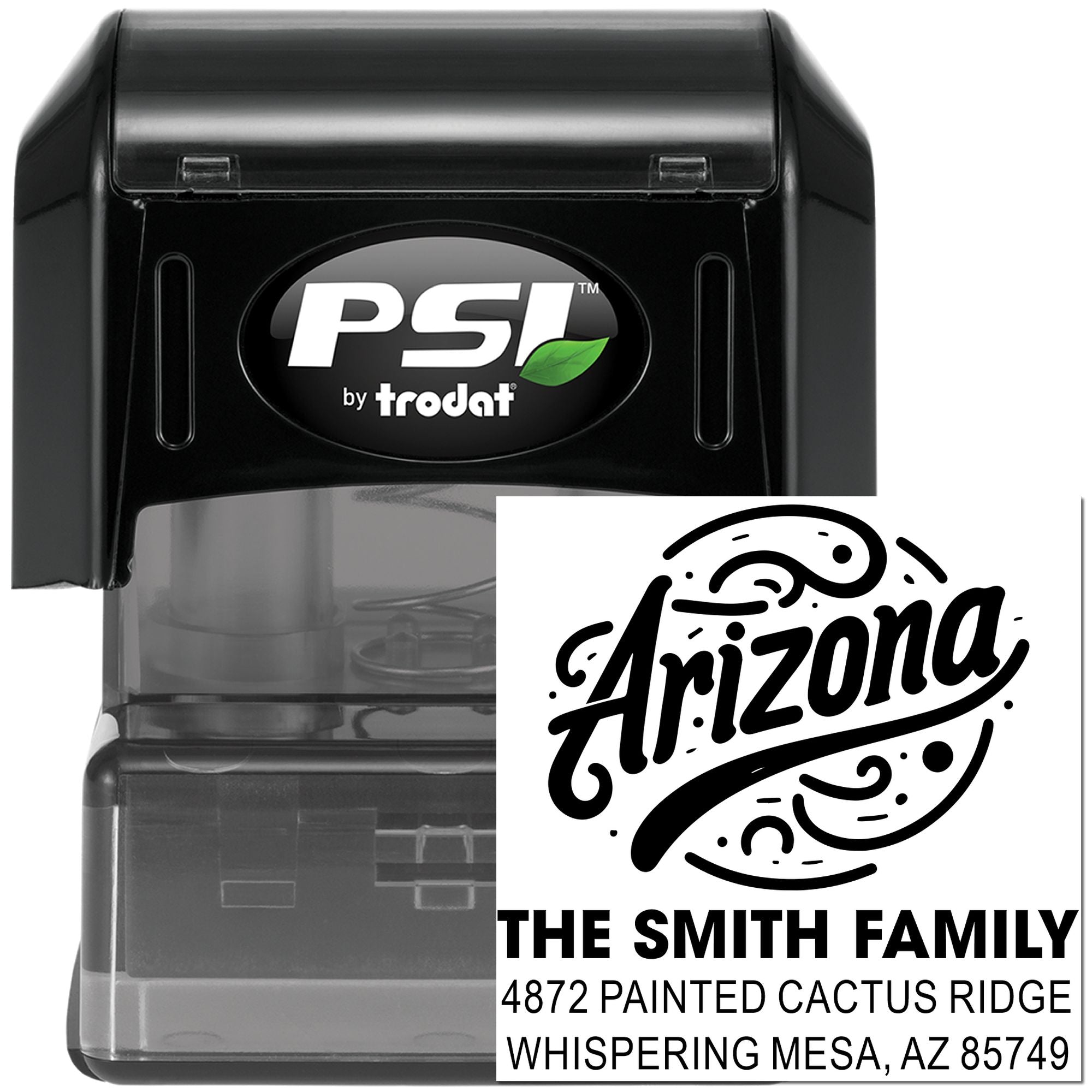 Custom Arizona self-inking rubber stamp by PSI Trodat with The Smith Family return address design for mailing.