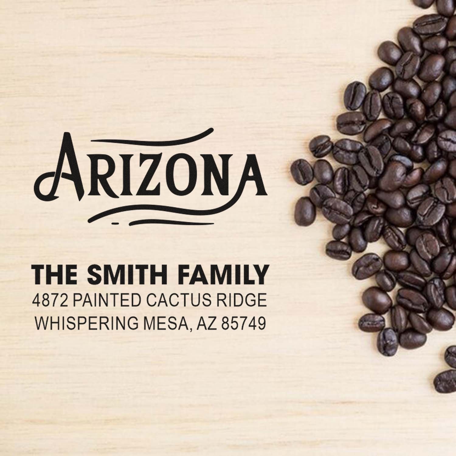 Custom Arizona return address rubber stamp for The Smith Family, featuring name and Whispering Mesa, AZ address.