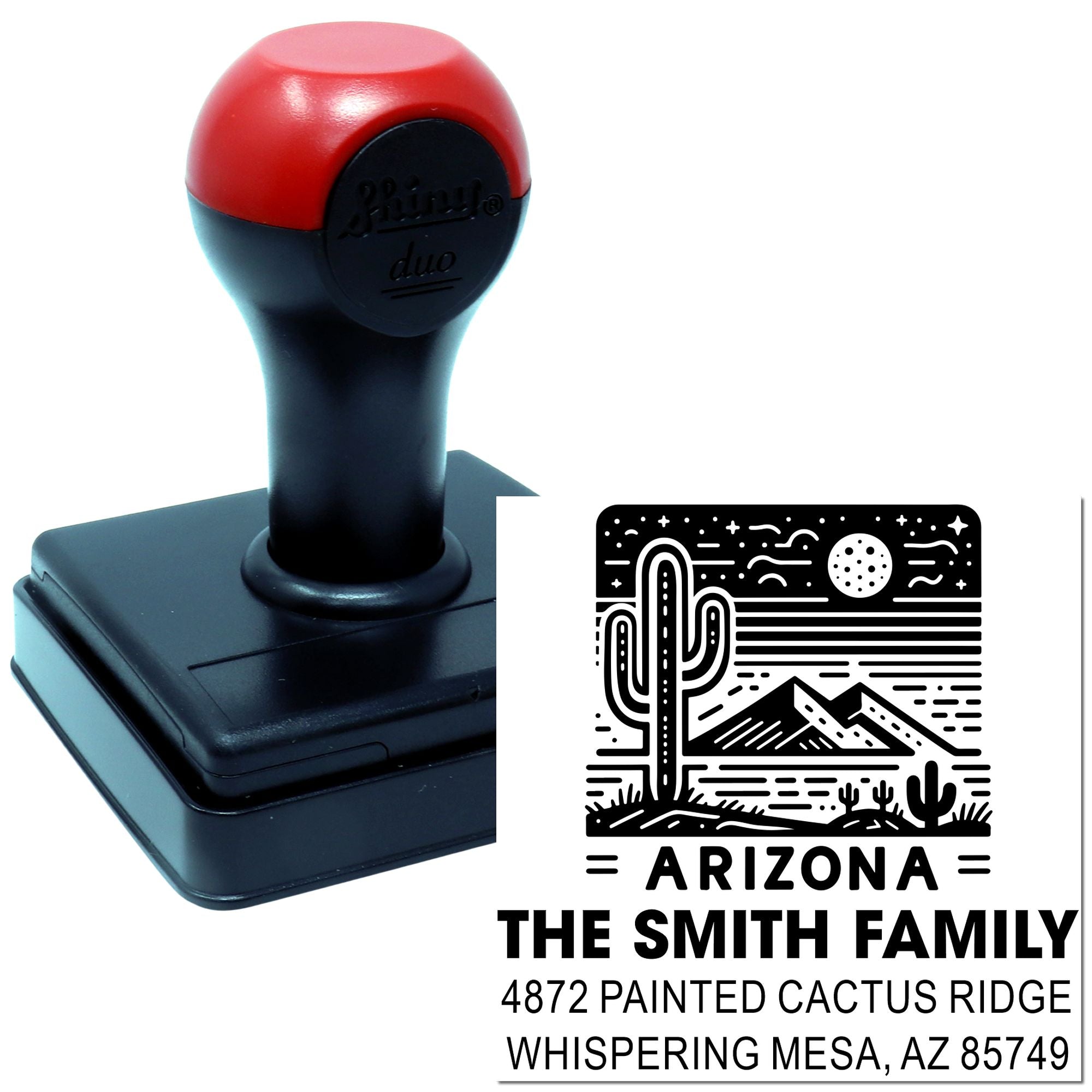 Custom self-inking rubber stamp with Arizona cactus return address design for The Smith Family mailing use.