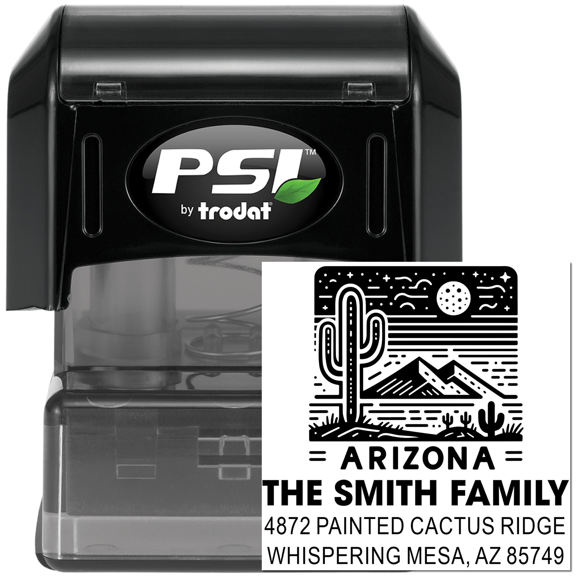 PSI by trodat self-inking rubber stamp with custom Arizona family address and cactus design for mailing and return addresses