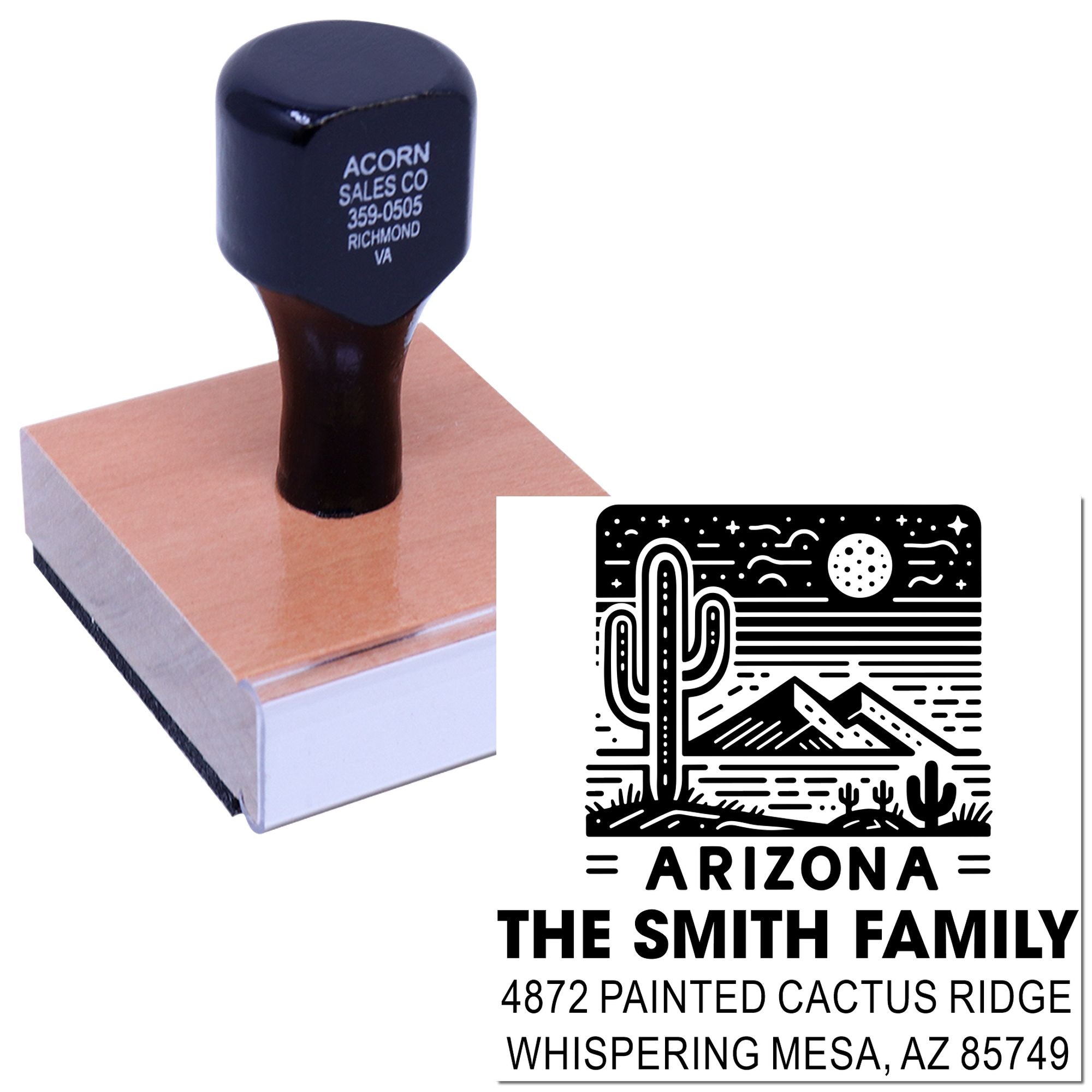 Custom Arizona return address rubber stamp with cactus design for personalized family mailings.