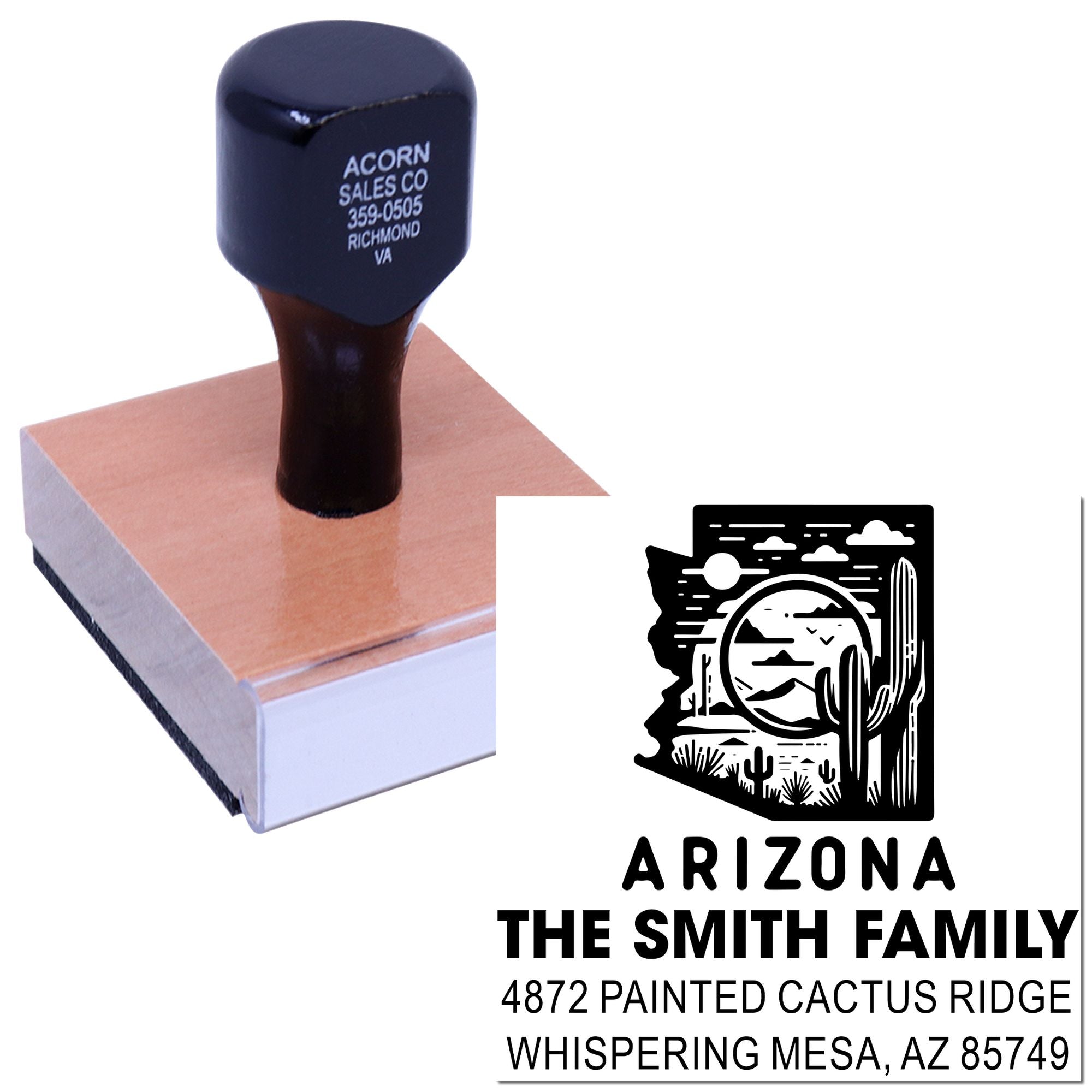 Custom rubber address stamp with Arizona family return address and desert design for mailing and branding.