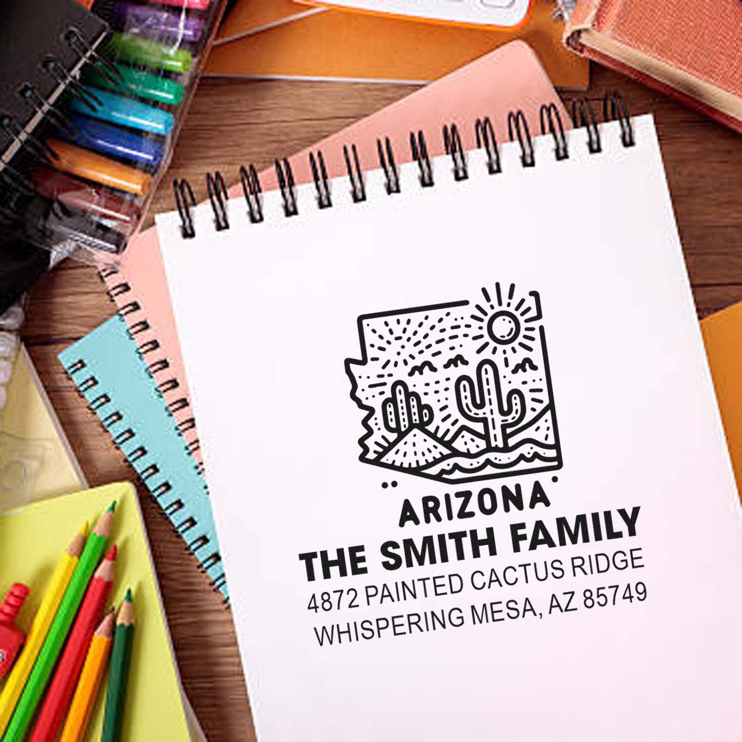 Custom Arizona rubber address stamp with cactus design for The Smith Family return mailing label.