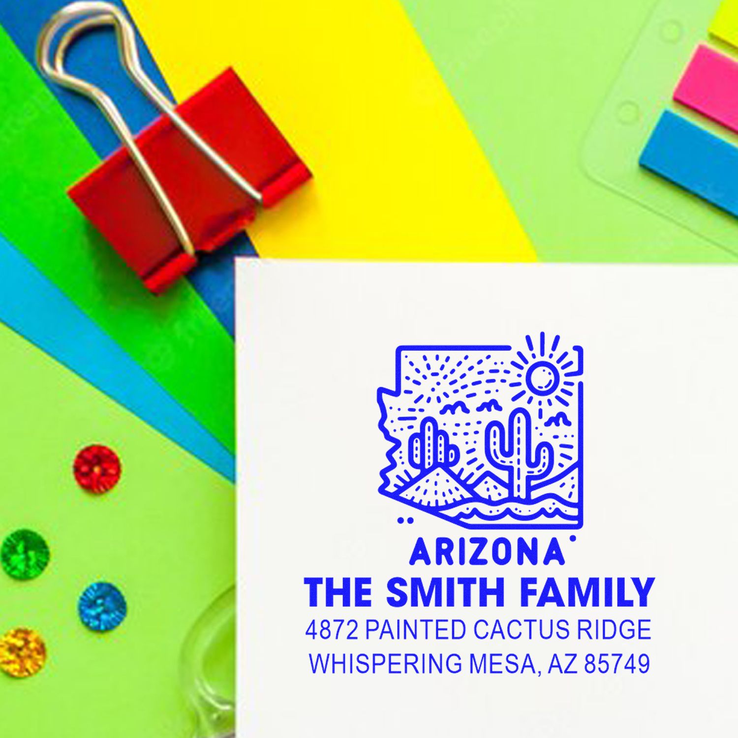 Personalized Arizona return address rubber stamp with cactus design for The Smith Family, Whispering Mesa, AZ