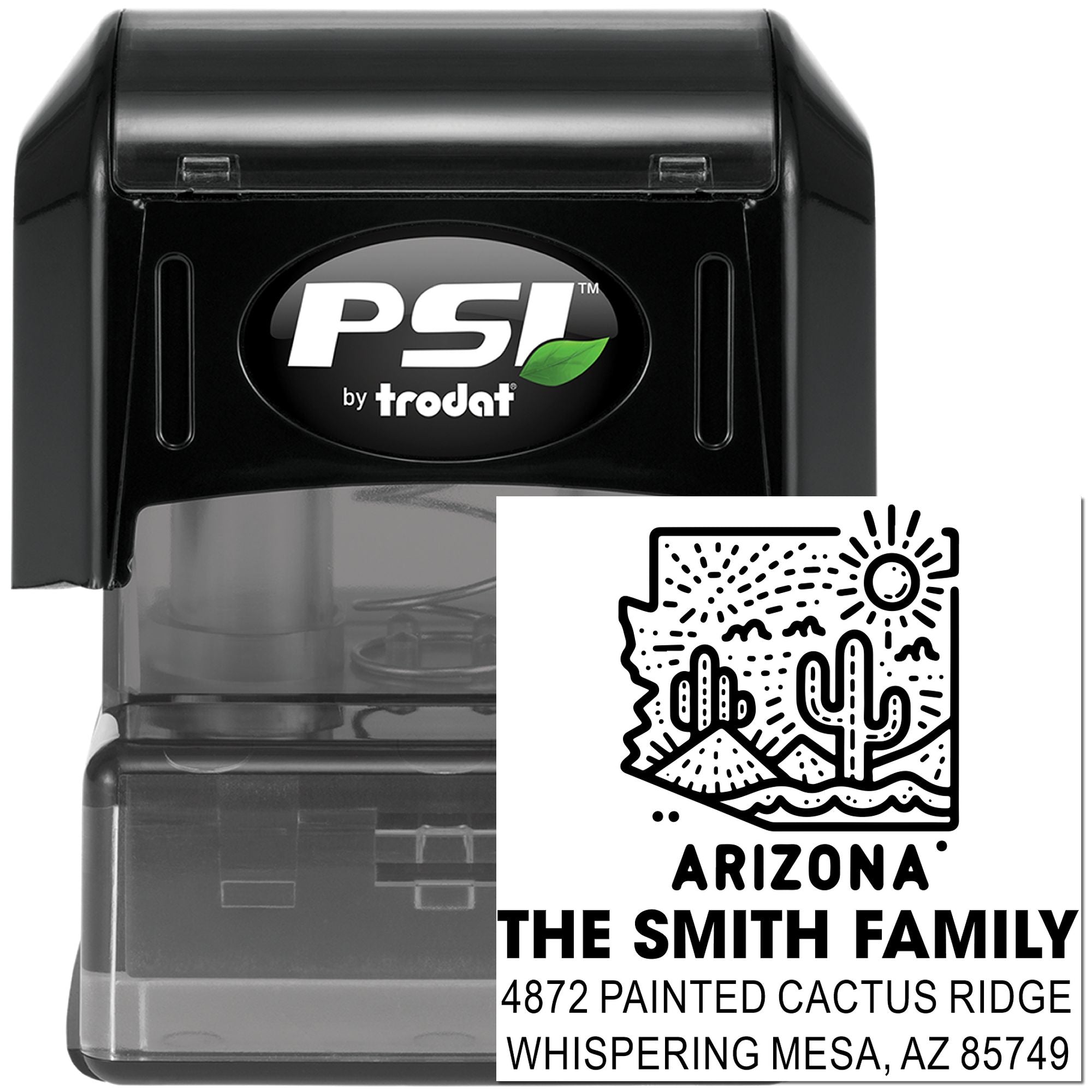 Custom self-inking rubber stamp with Arizona cactus return address for The Smith Family, PSI by Trodat.