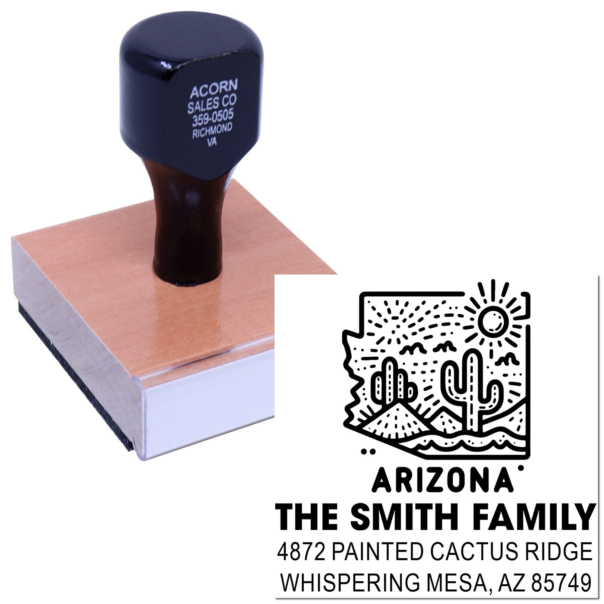 Custom rubber address stamp with Arizona desert design and The Smith Family return address imprint.