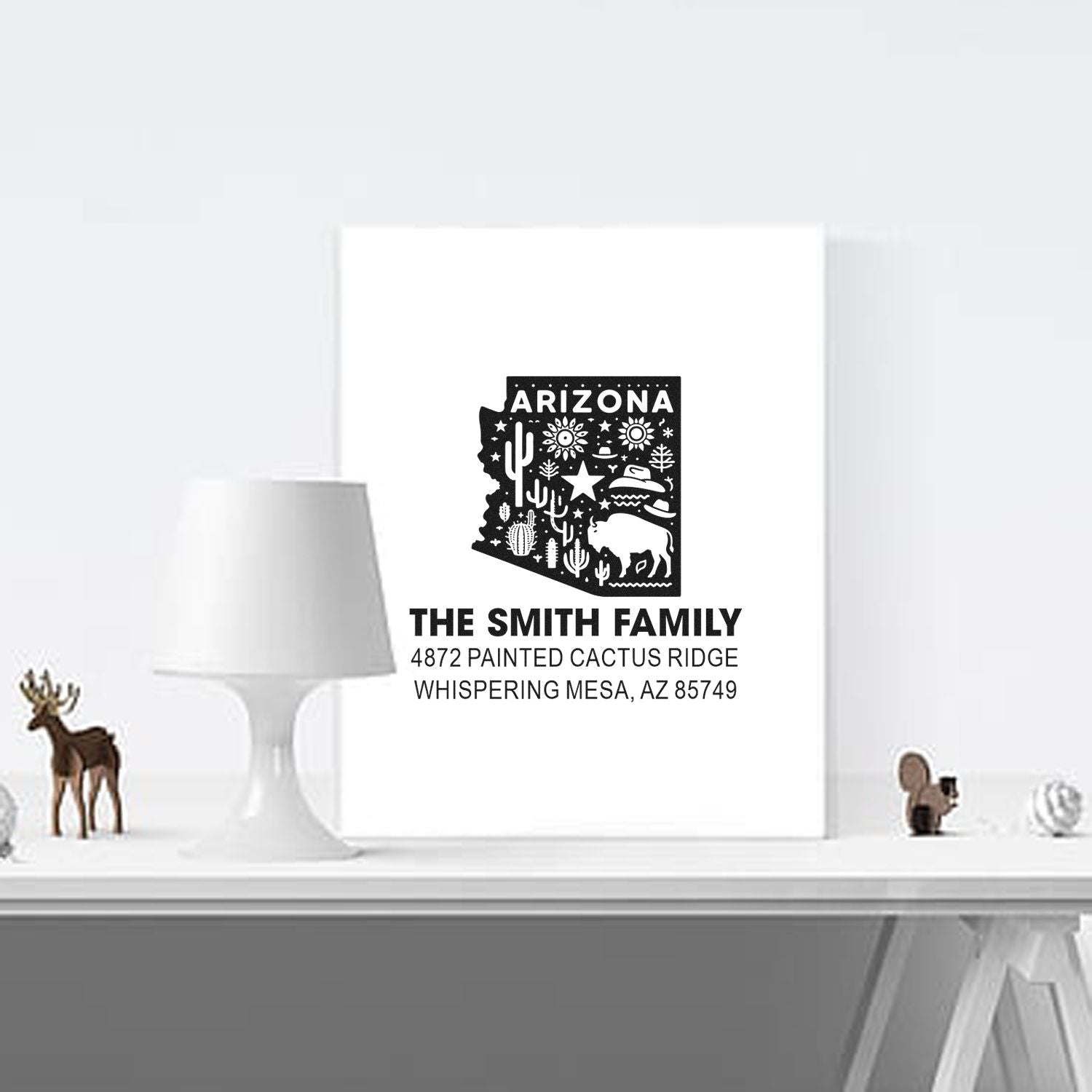Custom Arizona family rubber stamp with state silhouette, desert icons, and personalized Smith family address.