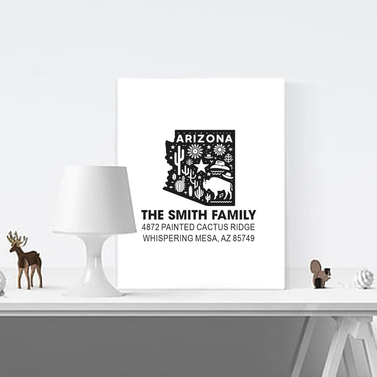 Custom Arizona family address rubber stamp with desert silhouette, personalized for mailing, stationery, and gift branding.