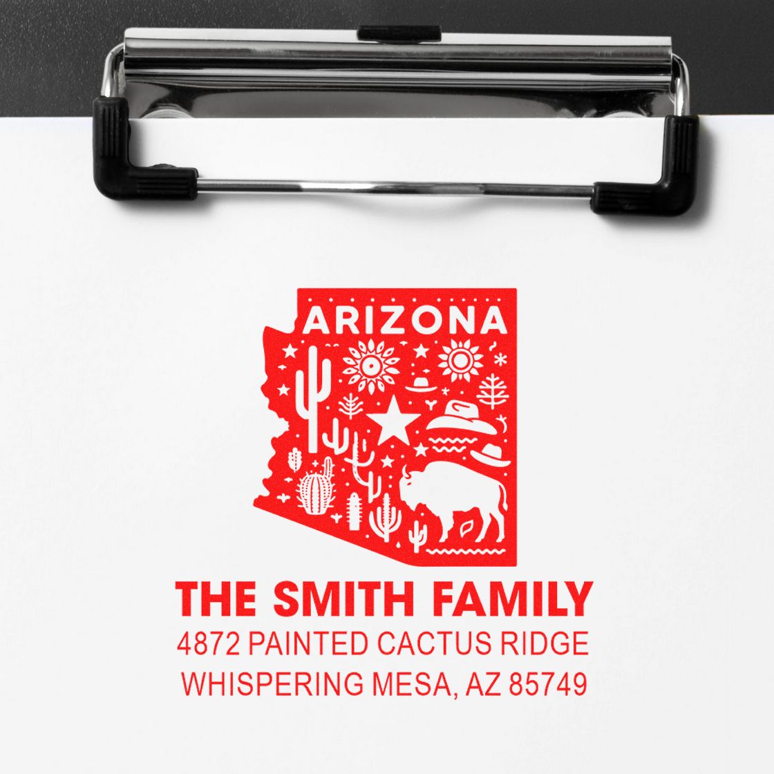 Custom Arizona return address rubber stamp for The Smith Family with cactus design
