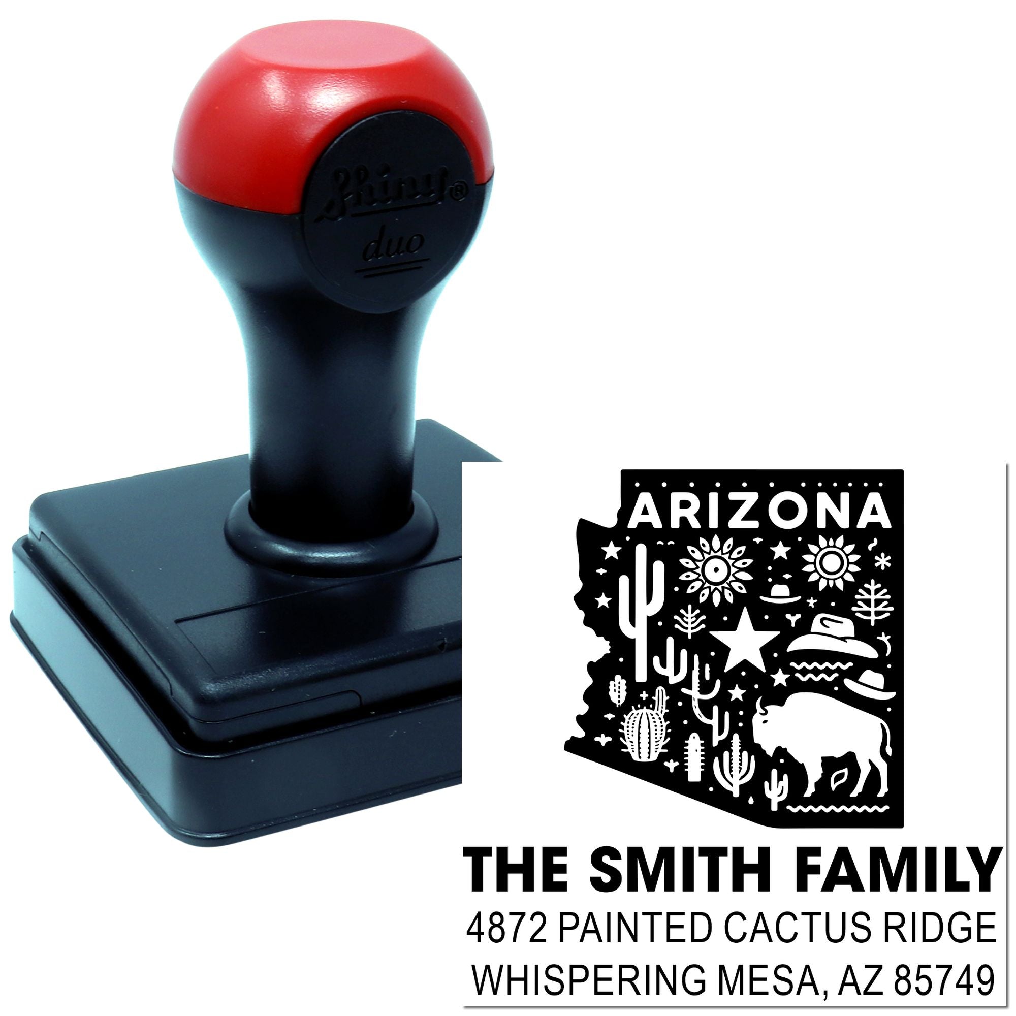 Personalized Arizona self-inking rubber stamp with desert design, Smith family name, and return address imprint.