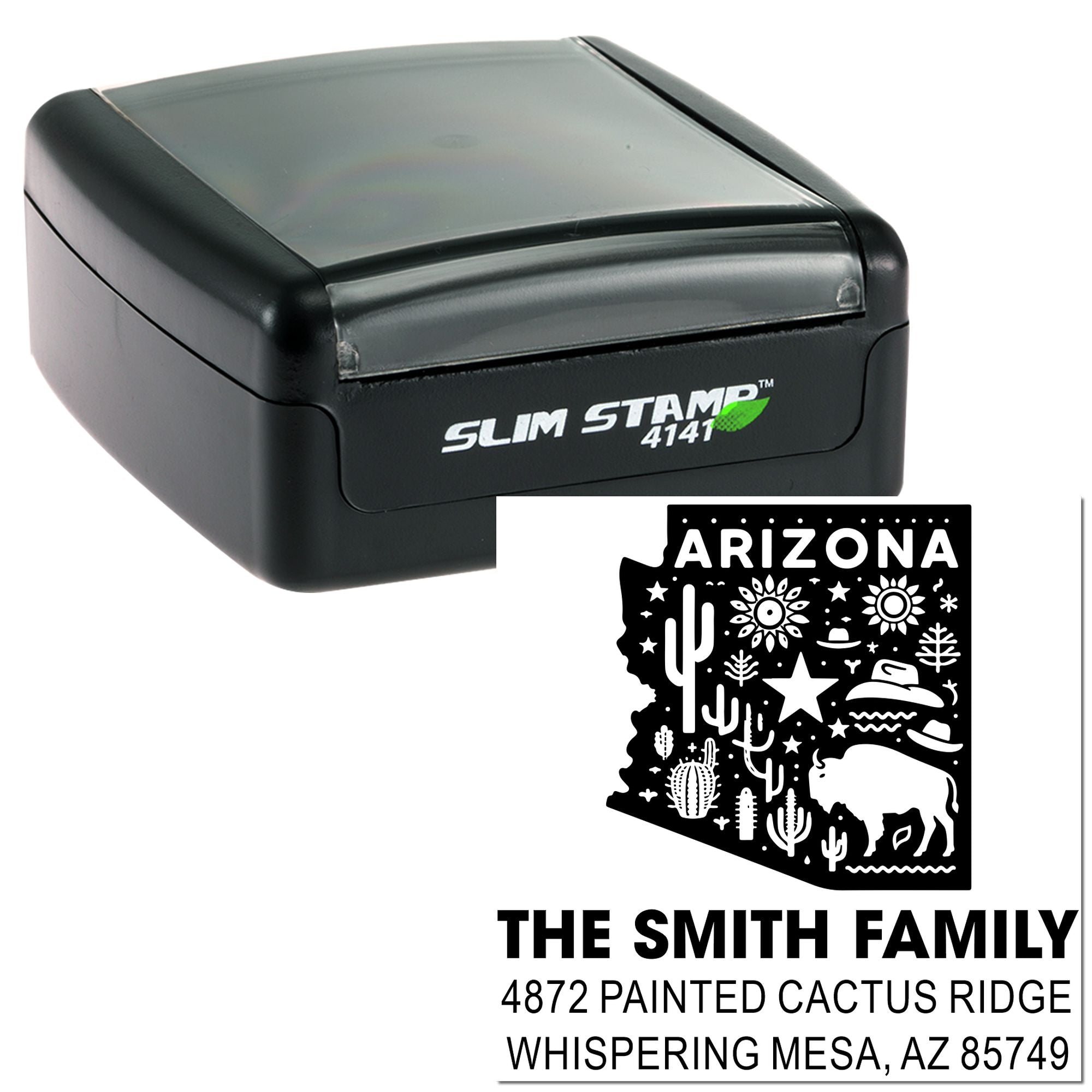Slim self-inking rubber address stamp with Arizona state design for personalized family mail.