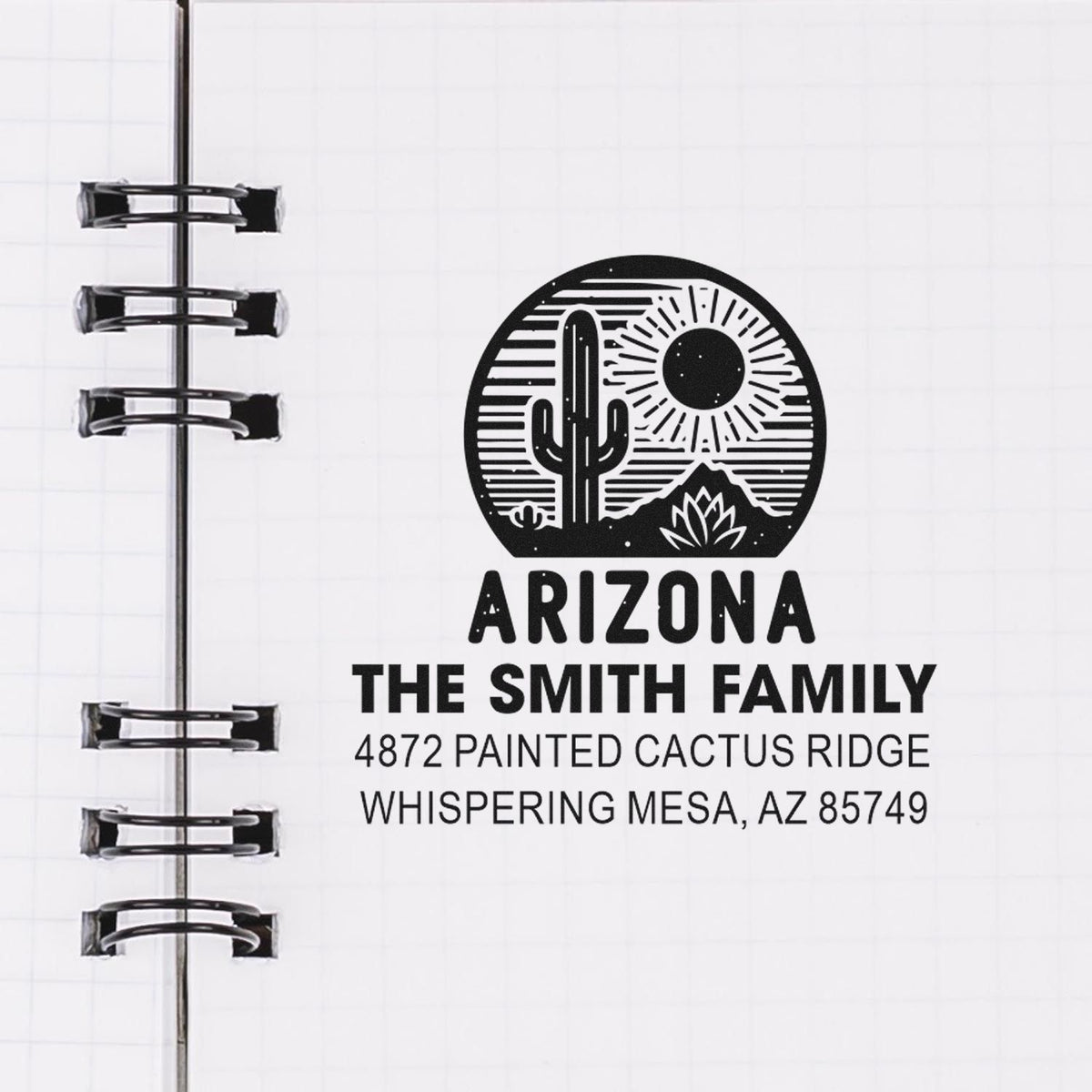 Custom Arizona address rubber stamp with cactus and sun design for The Smith Family, Whispering Mesa, AZ 85749
