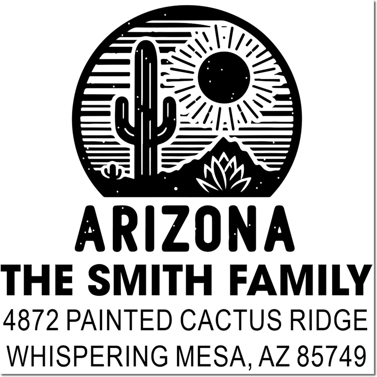 Arizona return address rubber stamp for The Smith Family, with cactus desert logo and Whispering Mesa, AZ 85749.