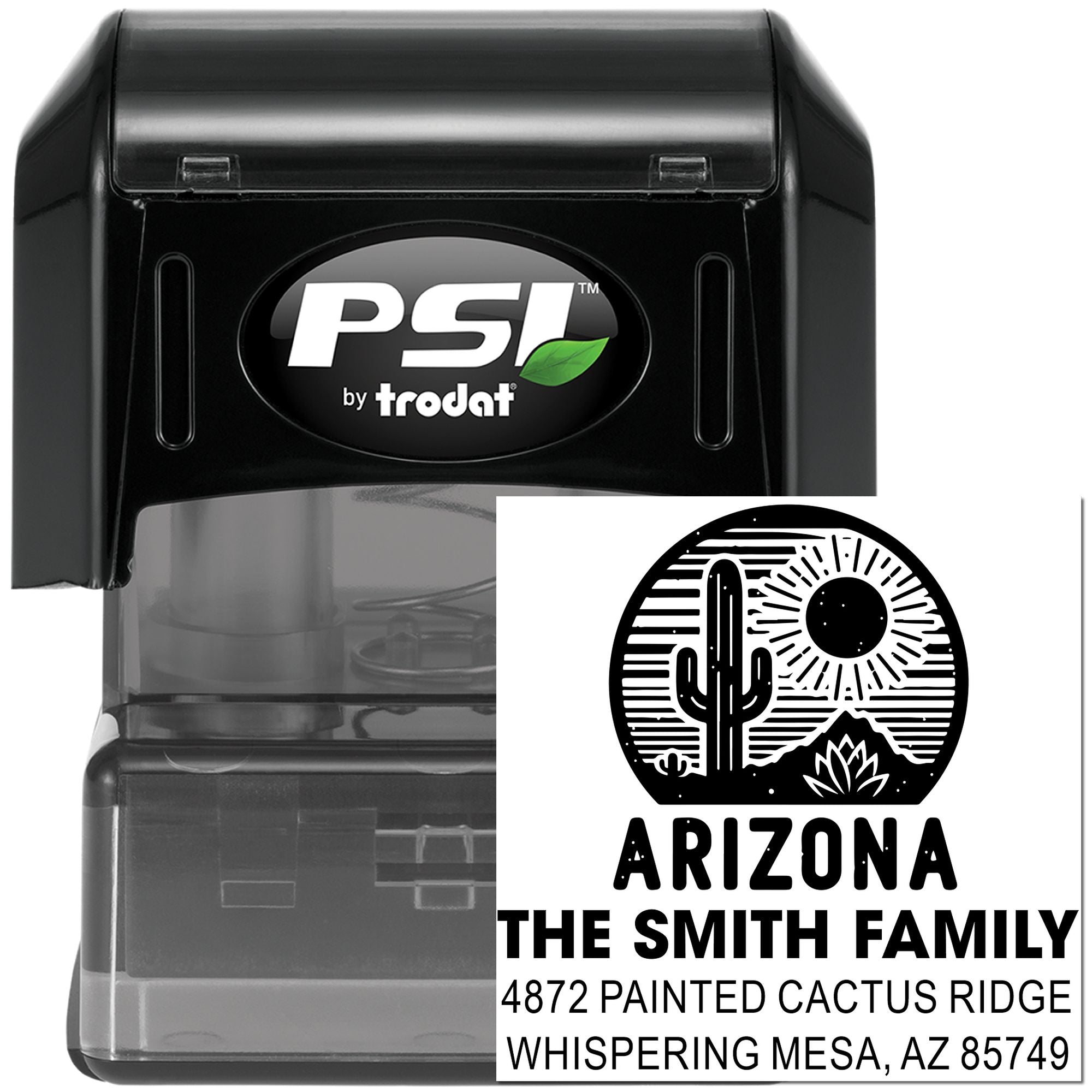 Self-inking custom Arizona address stamp by PSI Trodat with cactus family return address design.