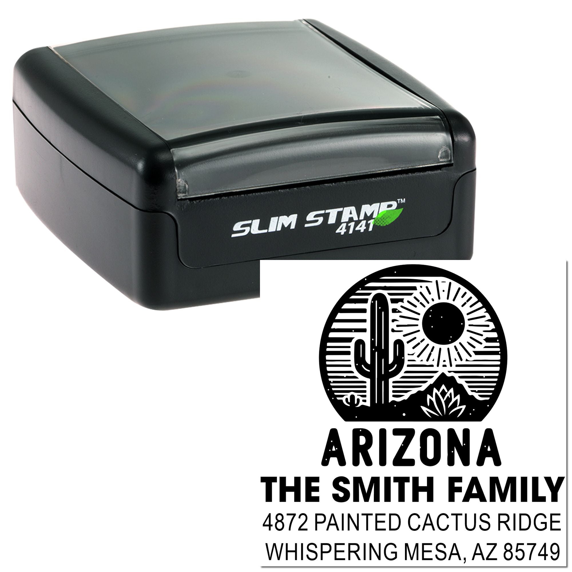 Custom Arizona address rubber stamp with cactus design, self-inking slim stamp for family return mailing addresses.