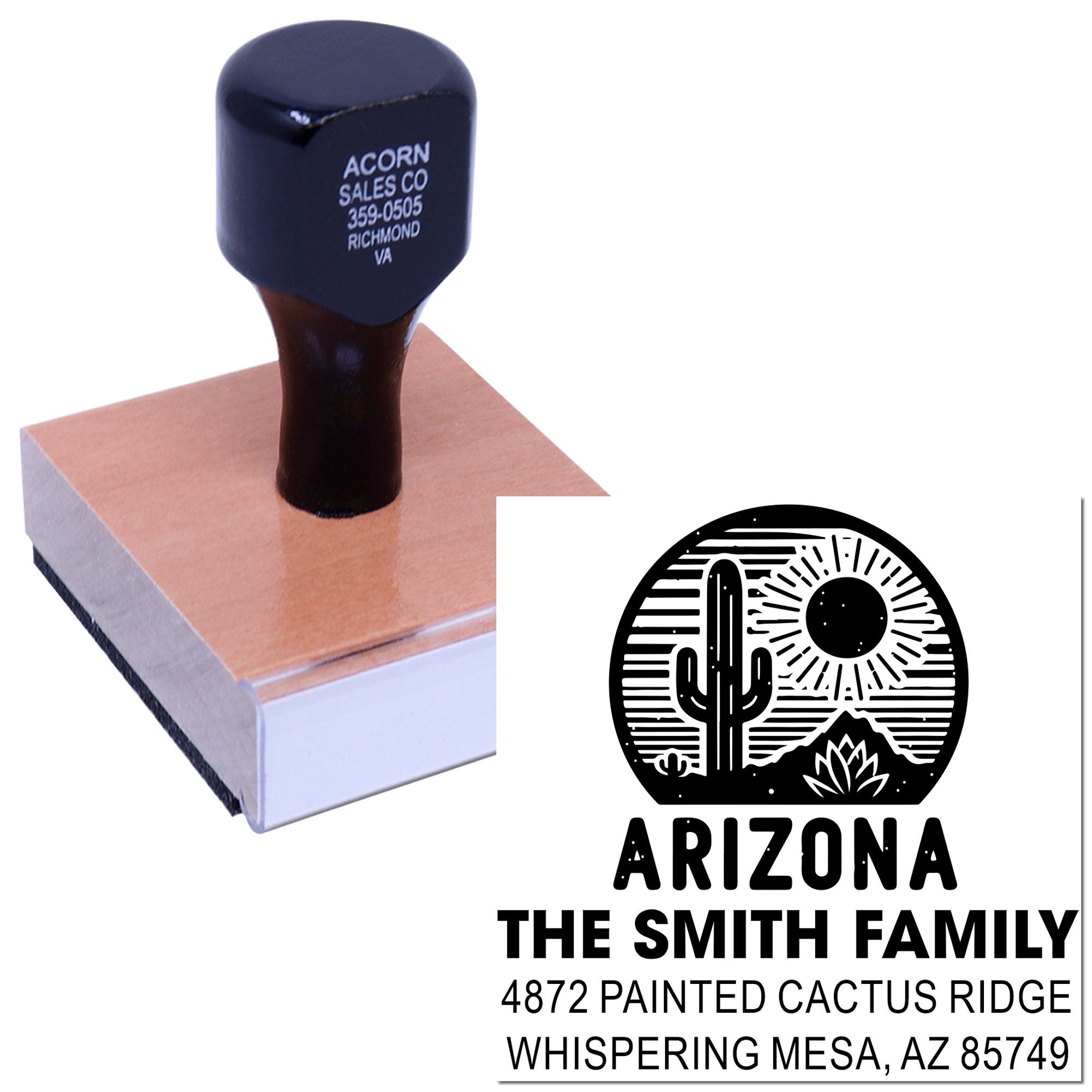 Custom Arizona return address rubber stamp with desert cactus design for personalized family mail and envelope stamping