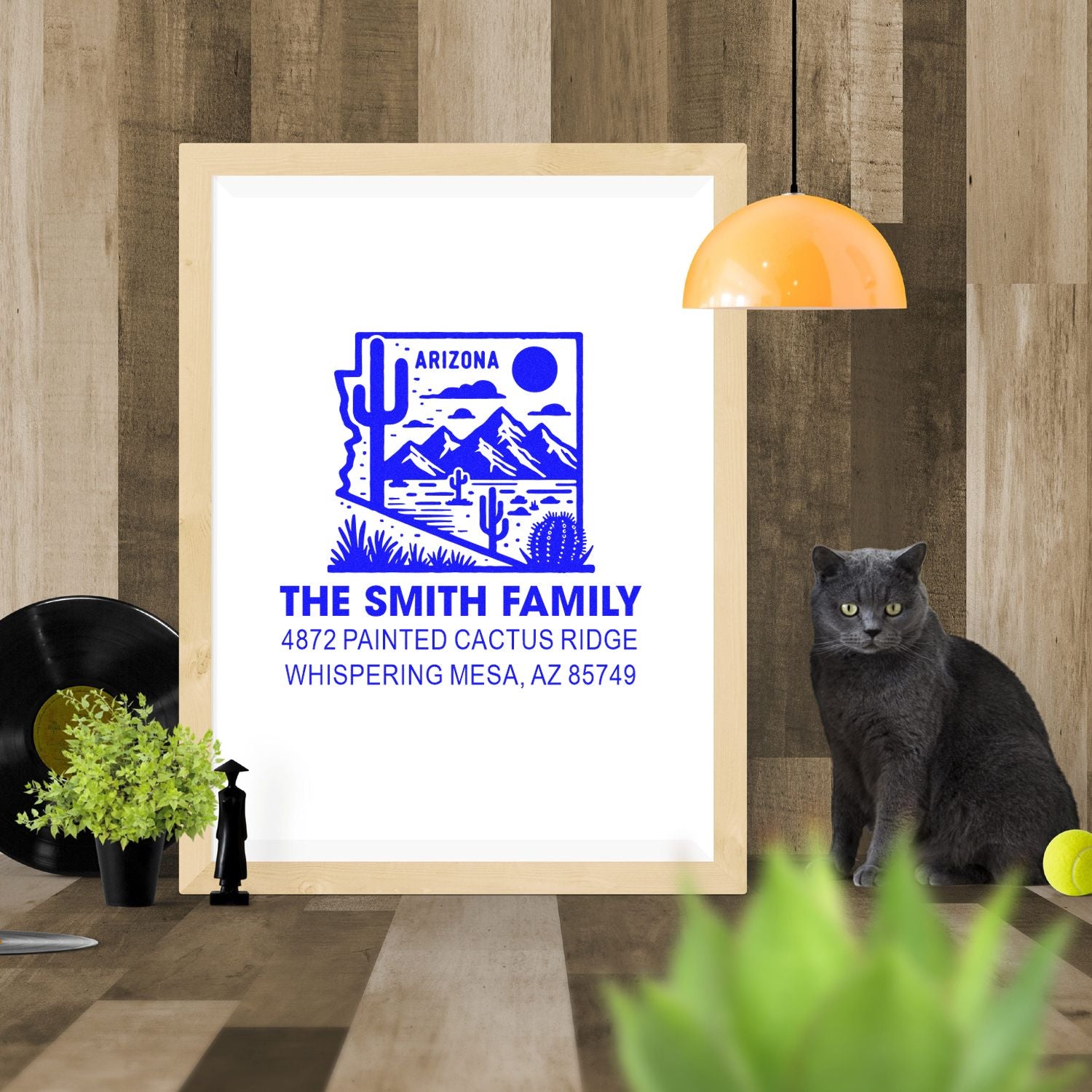 Personalized Arizona return address rubber stamp with cactus desert design for The Smith Family, Whispering Mesa, AZ 85749.