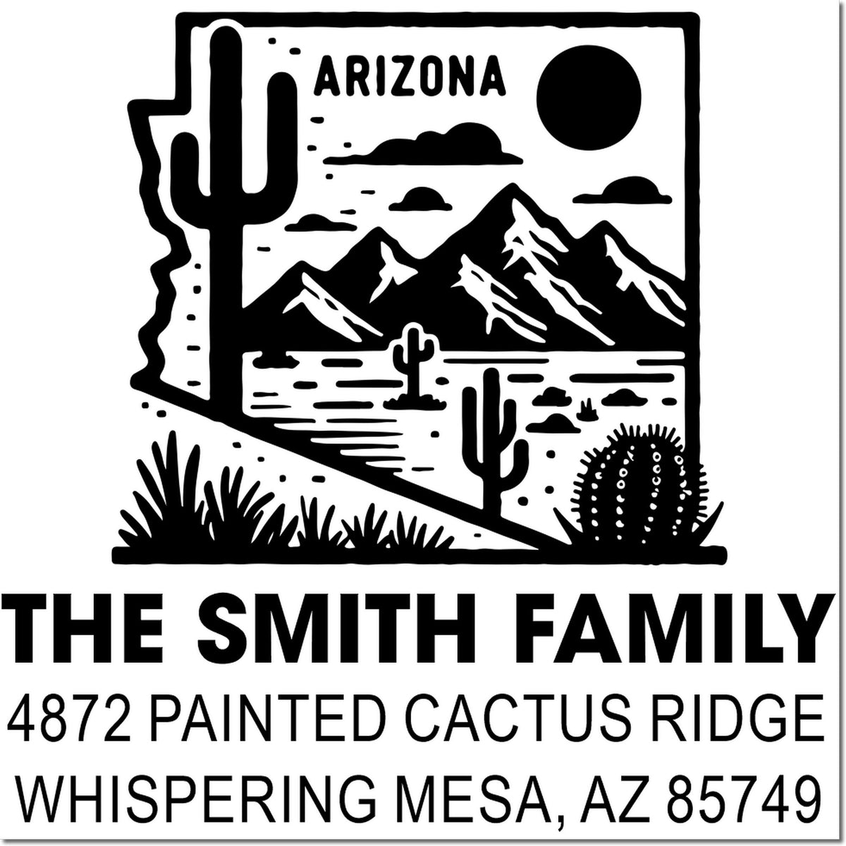 Custom Arizona desert return address rubber stamp for The Smith Family, 4872 Painted Cactus Ridge, Whispering Mesa, AZ 85749