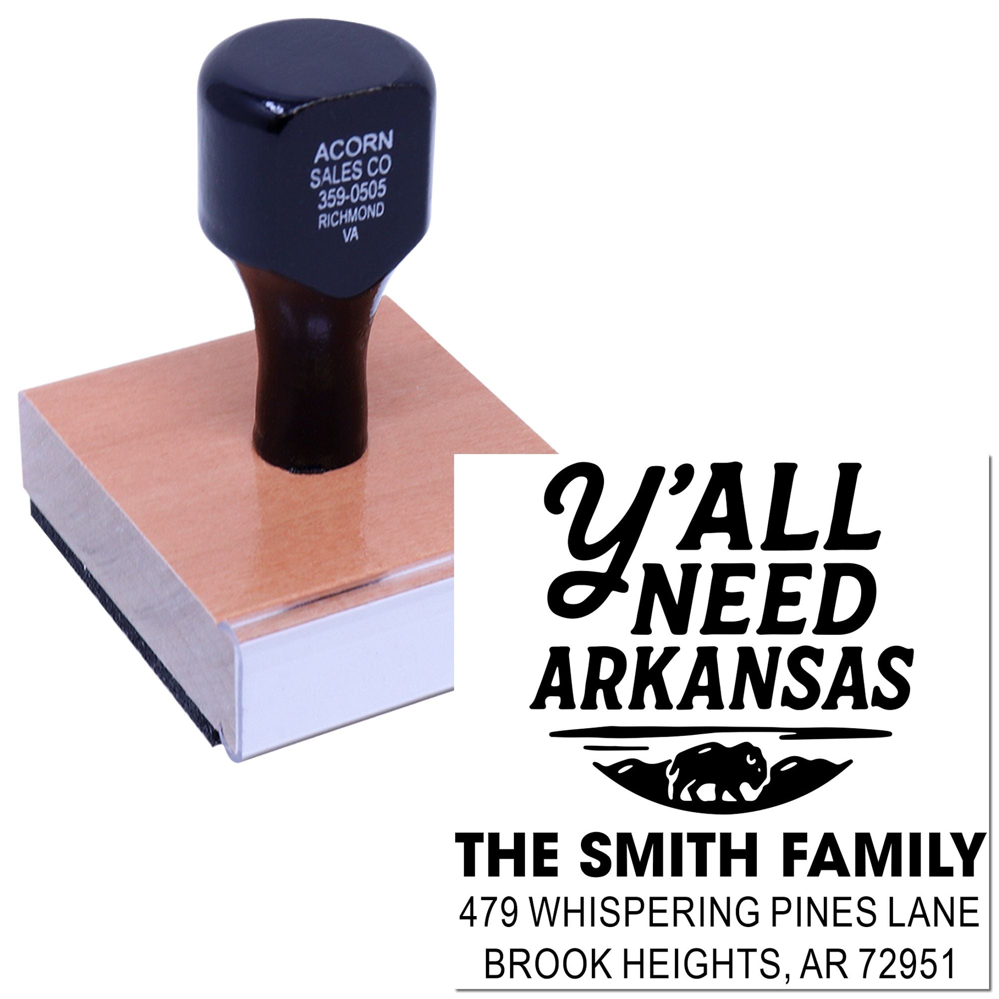 Custom rubber stamp with Arkansas return address design reading Yall Need Arkansas for The Smith Family mailing and branding.