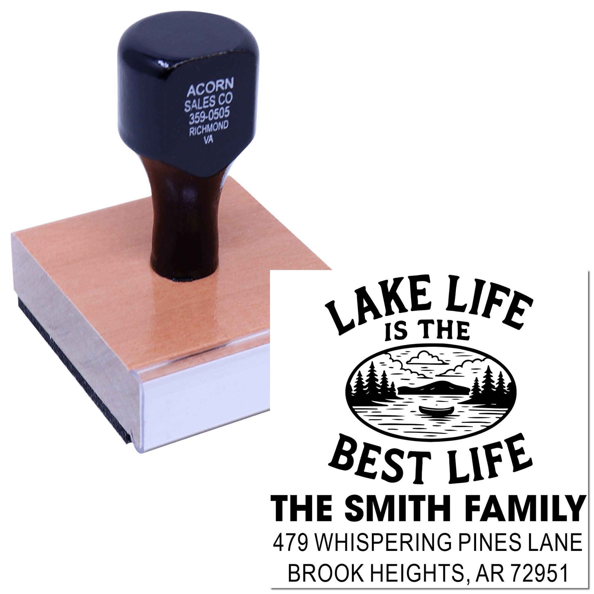 Personalized address rubber stamp with Lake Life Is the Best Life design for Smith family cabin mailings.
