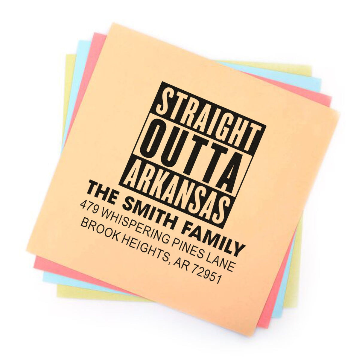 Personalized return address rubber stamp with Straight Outta Arkansas design for the Smith family.