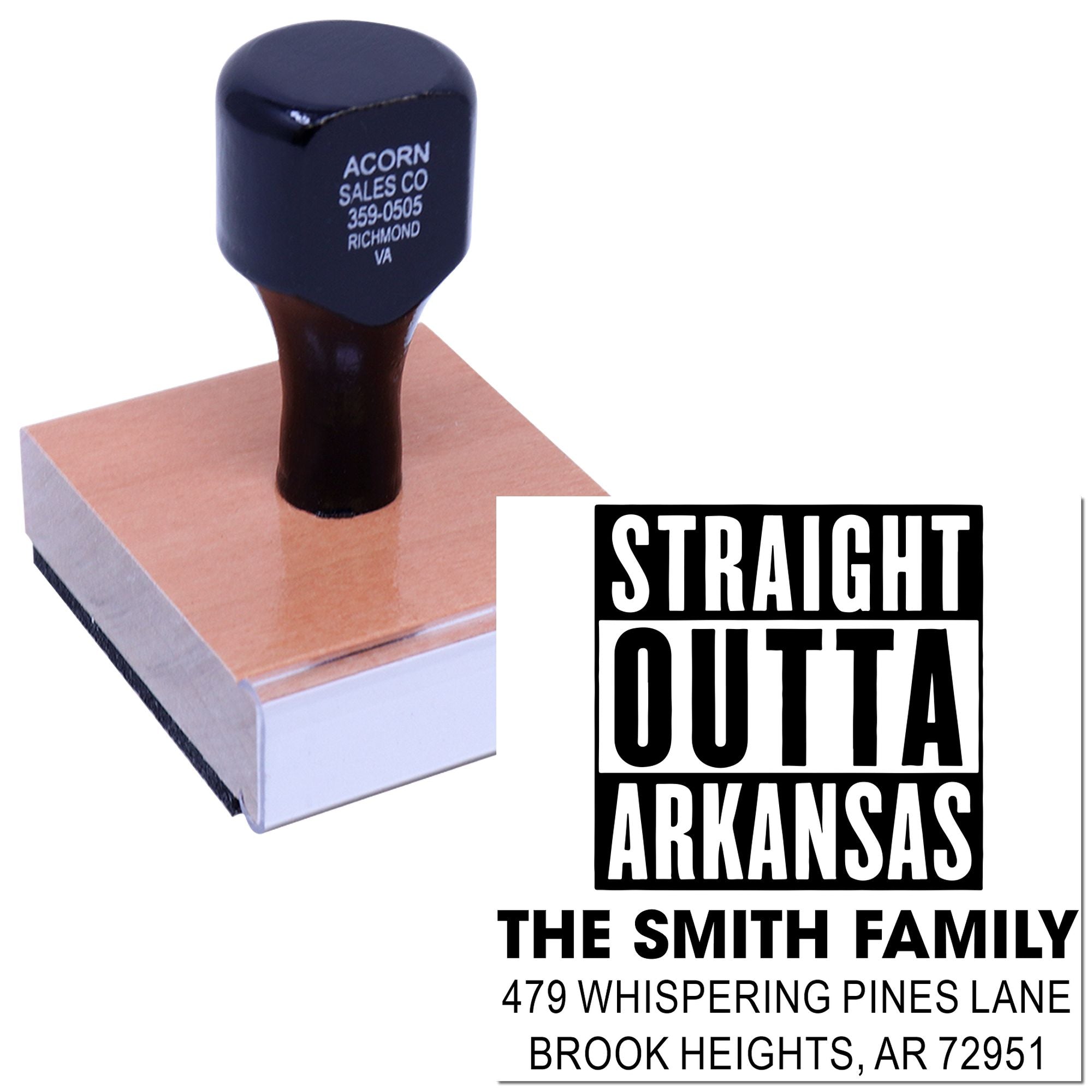 Custom rubber address stamp with Straight Outta Arkansas design, personalized for The Smith Family mailing label.