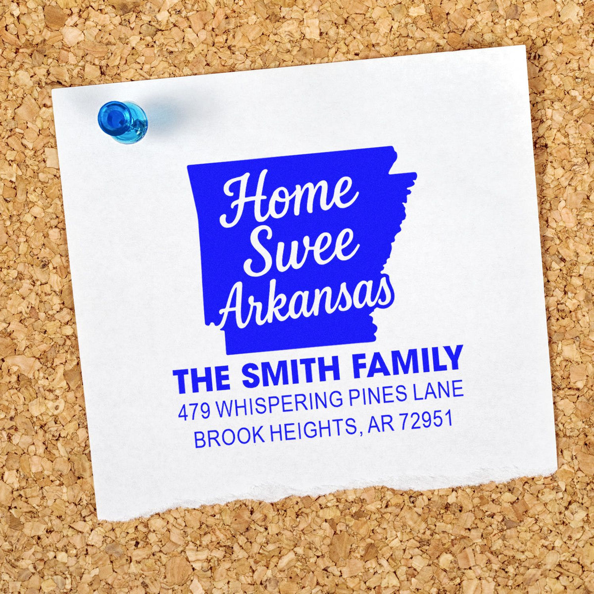 Custom Arkansas return address rubber stamp with Home Sweet Arkansas design for personalized family mail.
