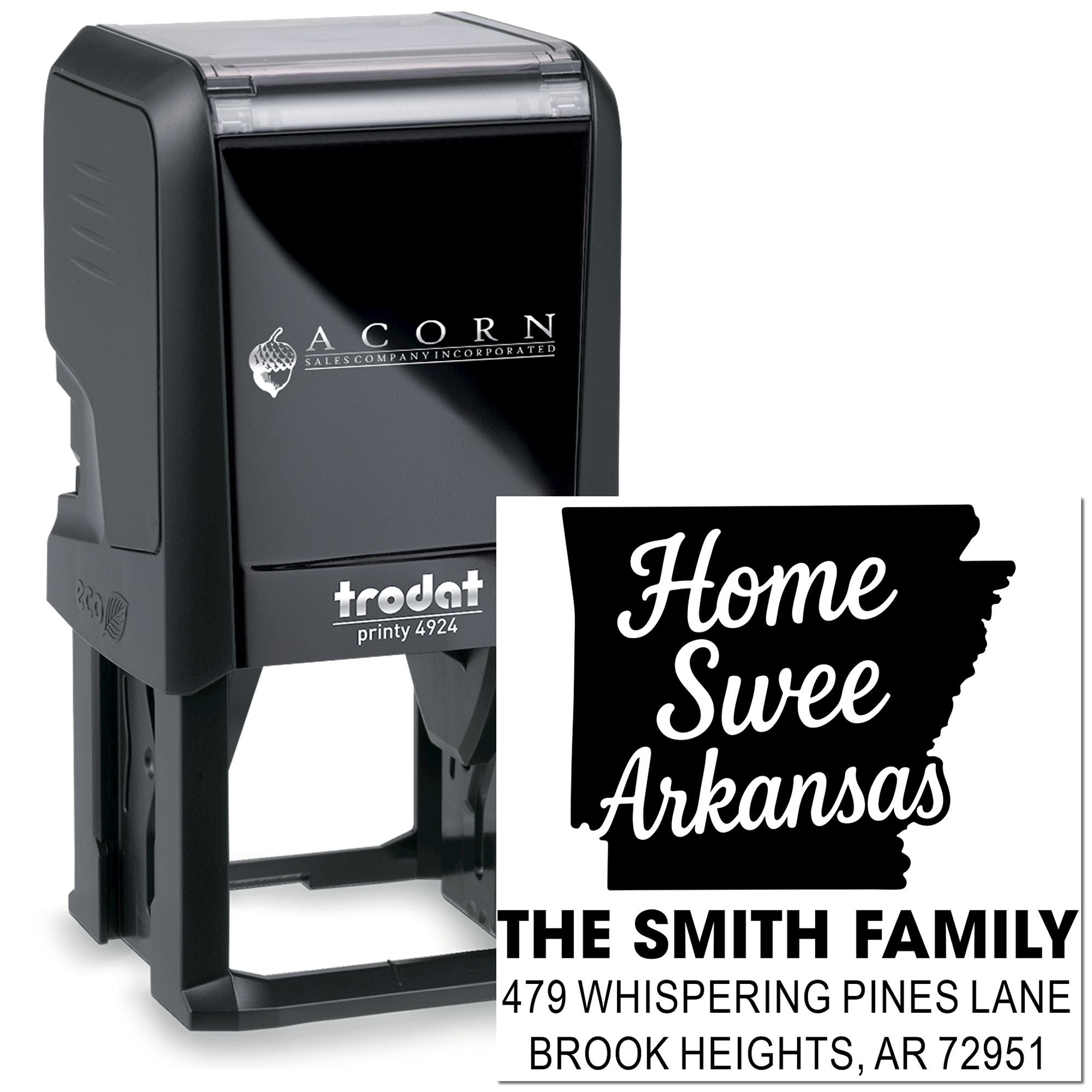 Custom self-inking Trodat address stamp for The Smith Family, featuring Home Sweet Arkansas and return address.