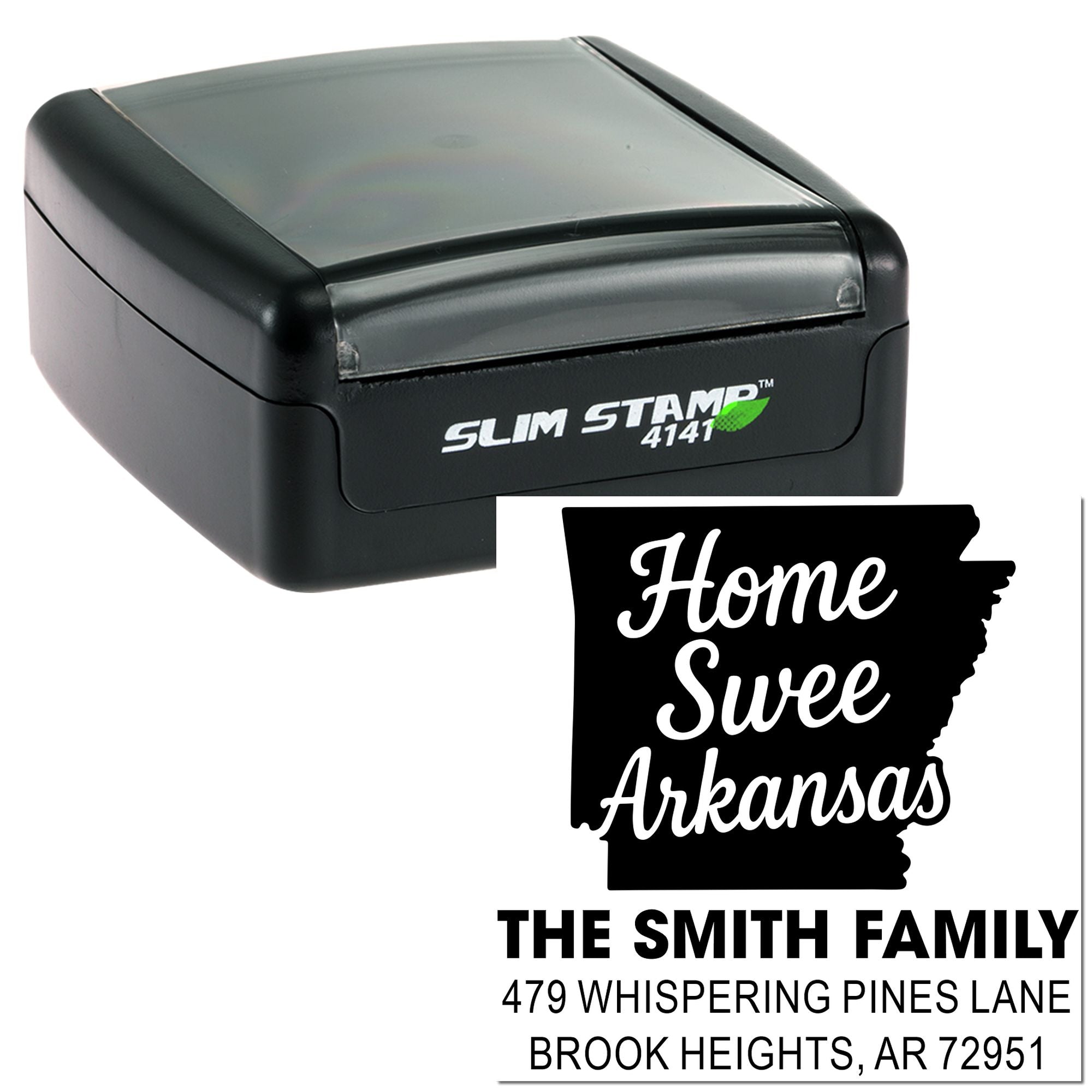 Custom address rubber stamp with Arkansas family name and return address, slim self-inking stamp for envelopes and mail.